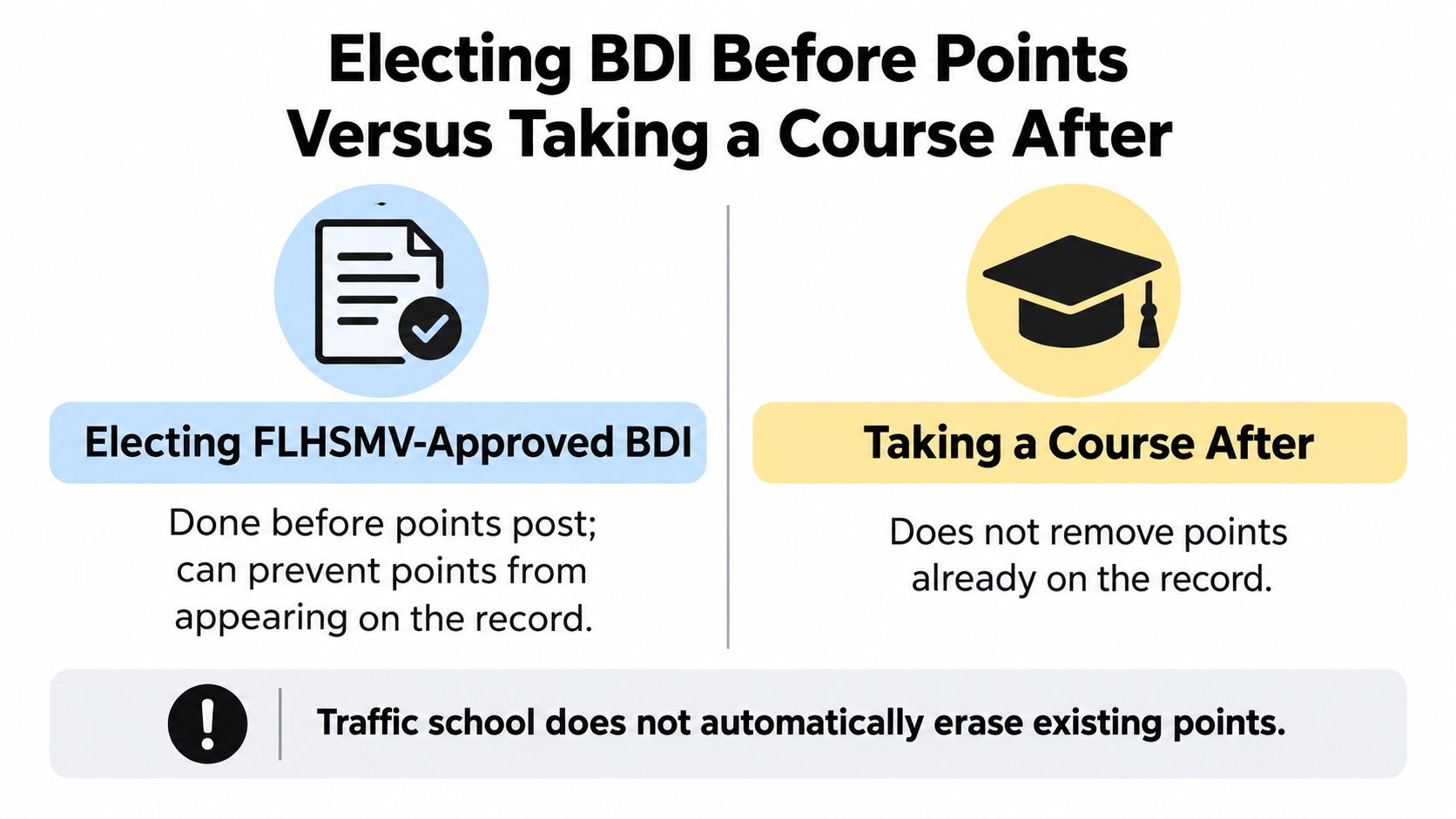 A comparison chart explaining the difference between electing BDI before or after points appear on a driving record.
