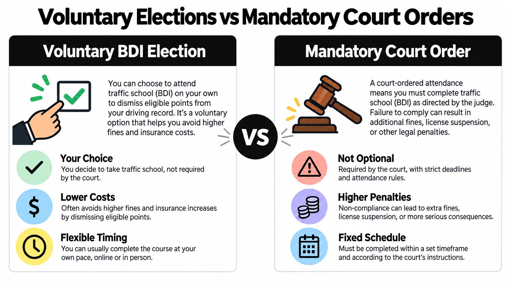 A comparison chart showing the differences between voluntary BDI traffic school elections and mandatory court orders.