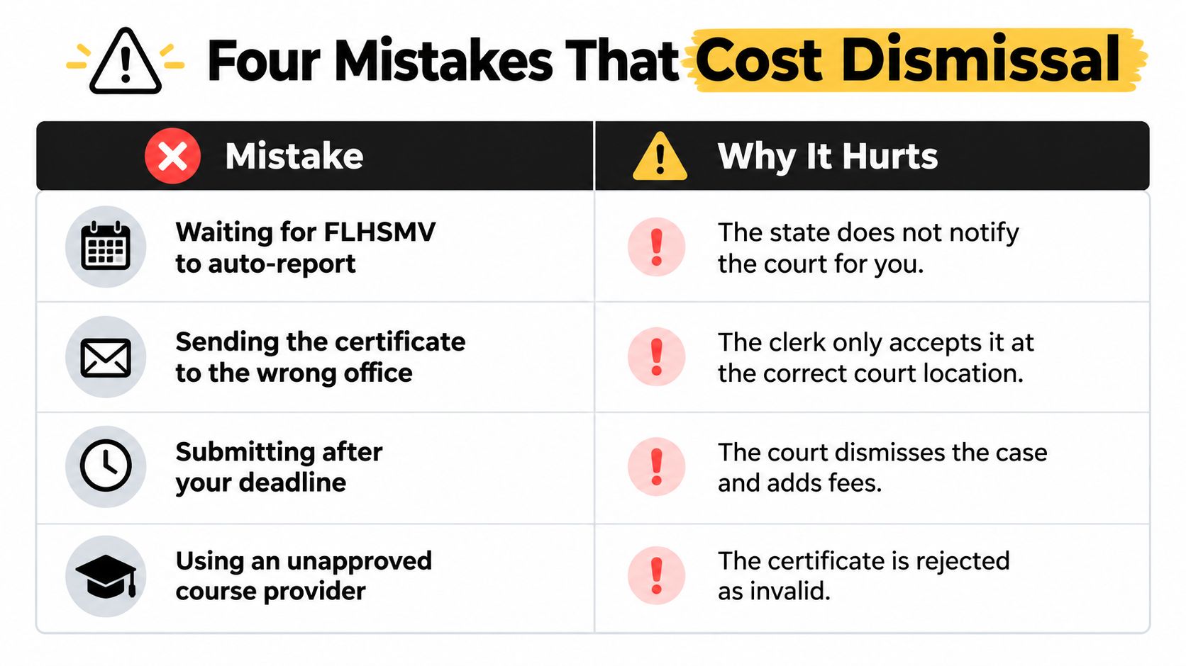 A table outlining four common mistakes that prevent the dismissal of traffic tickets in Florida.