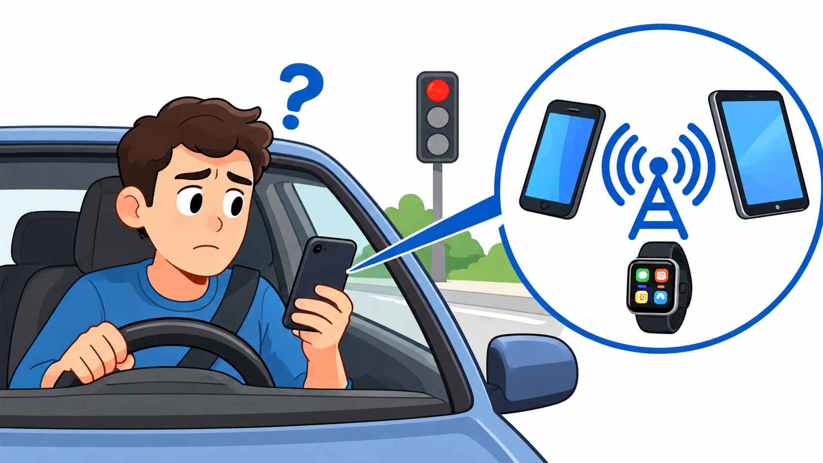 A worried young driver using his smartphone while driving his car in front of a traffic light.