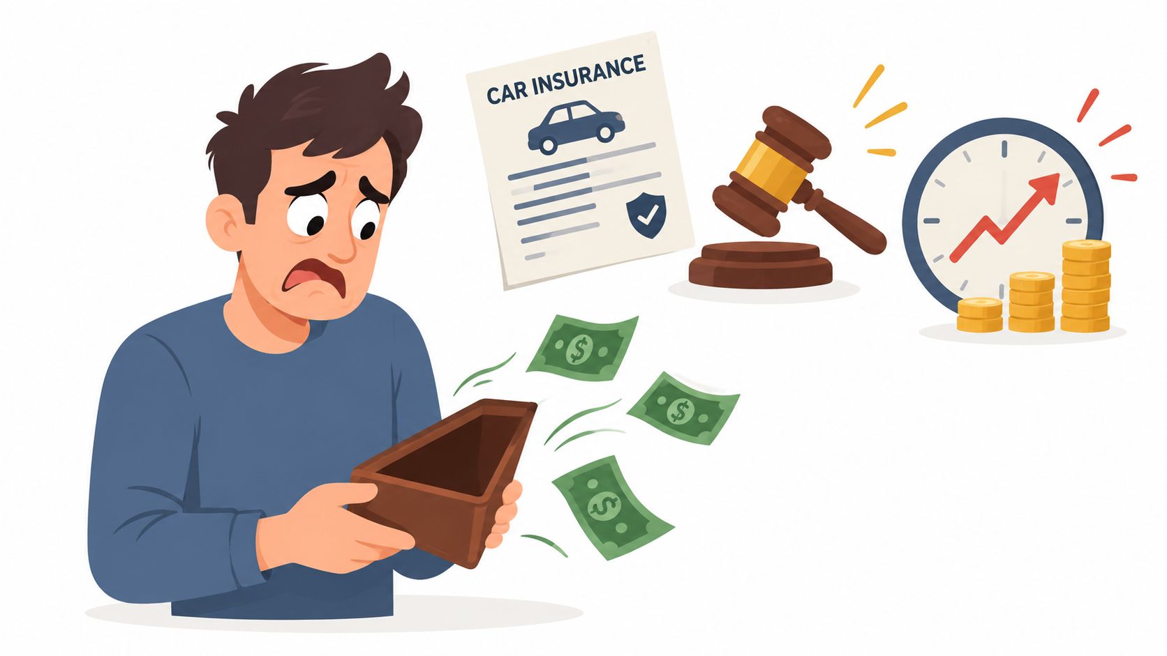 A worried man holding an empty wallet with symbols of car insurance, legal gavel, and increasing costs.