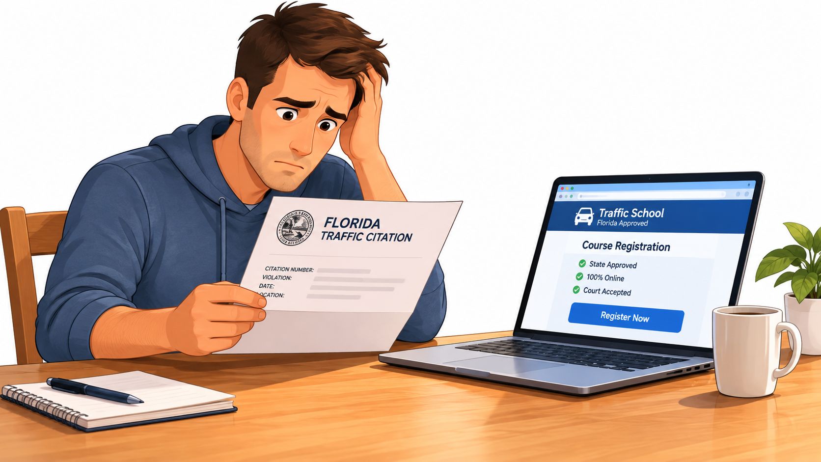 A stressed man looking at a Florida traffic citation document while sitting in front of his laptop.