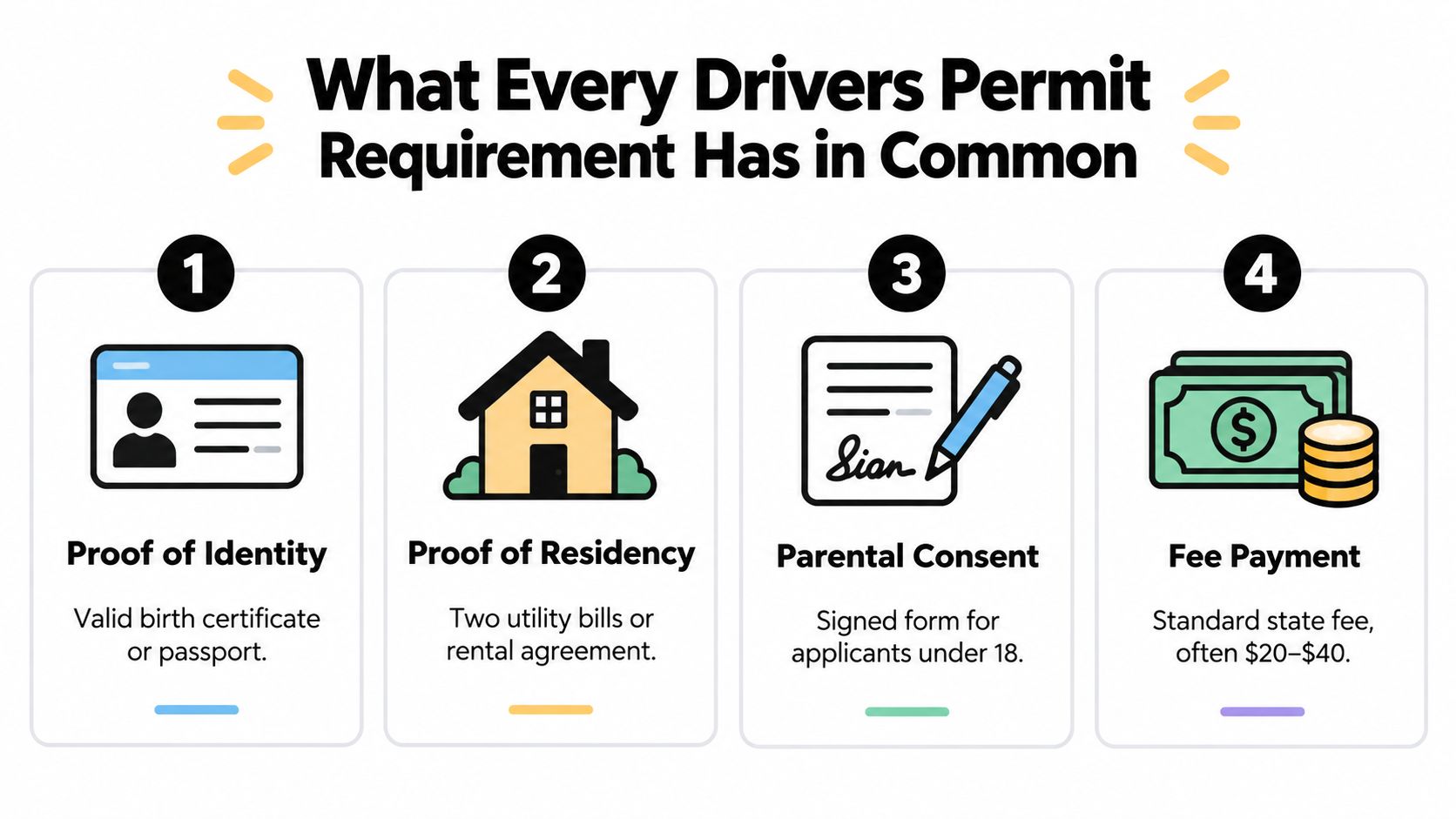 An infographic detailing four standard requirements for obtaining a driver's permit, including identification, residency, consent, and fees.