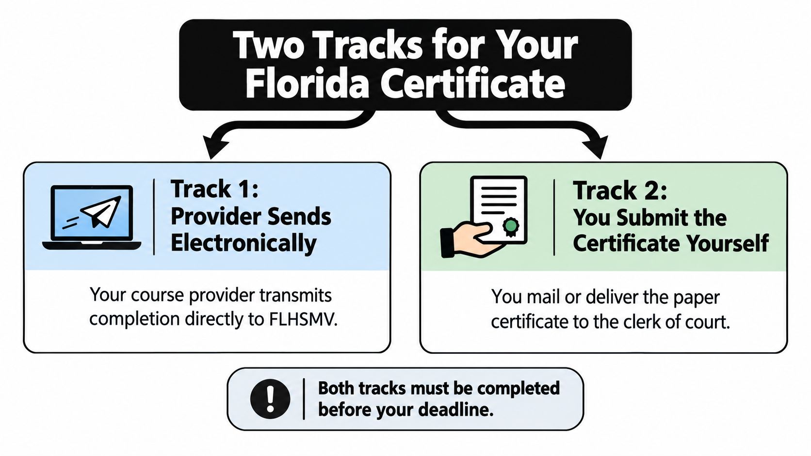 A diagram outlining the two methods for submitting a Florida traffic school certificate to the authorities.