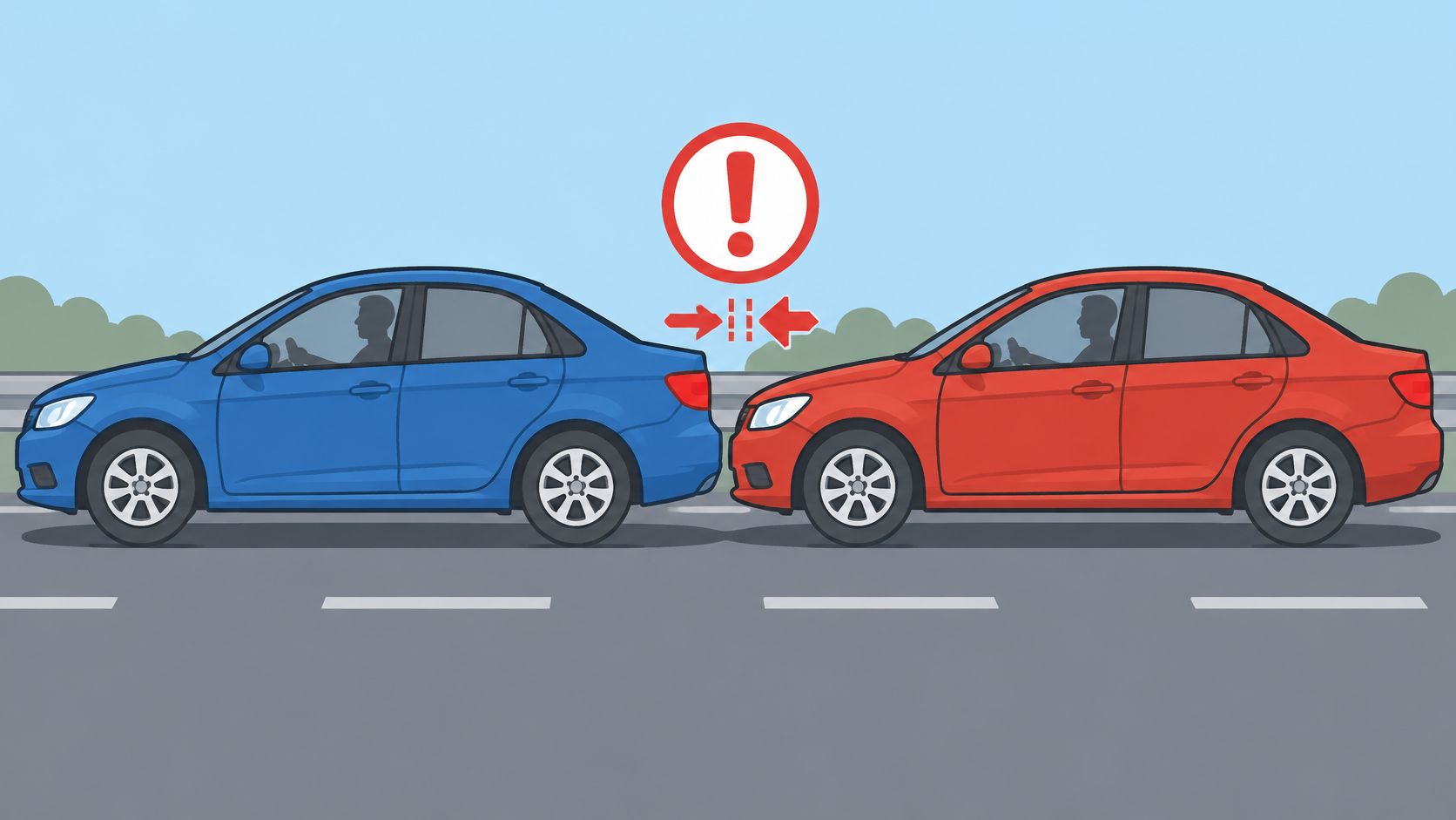 A red car following a blue car too closely on a highway, indicating dangerous tailgating behavior.