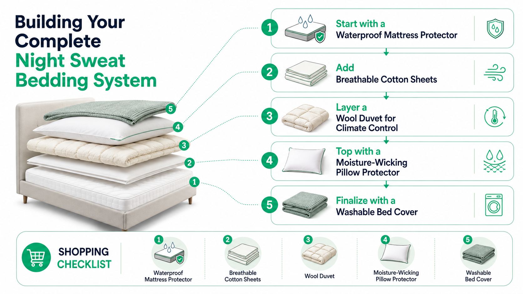 A diagram illustrating the five essential components of a bedding system designed to reduce night sweats.