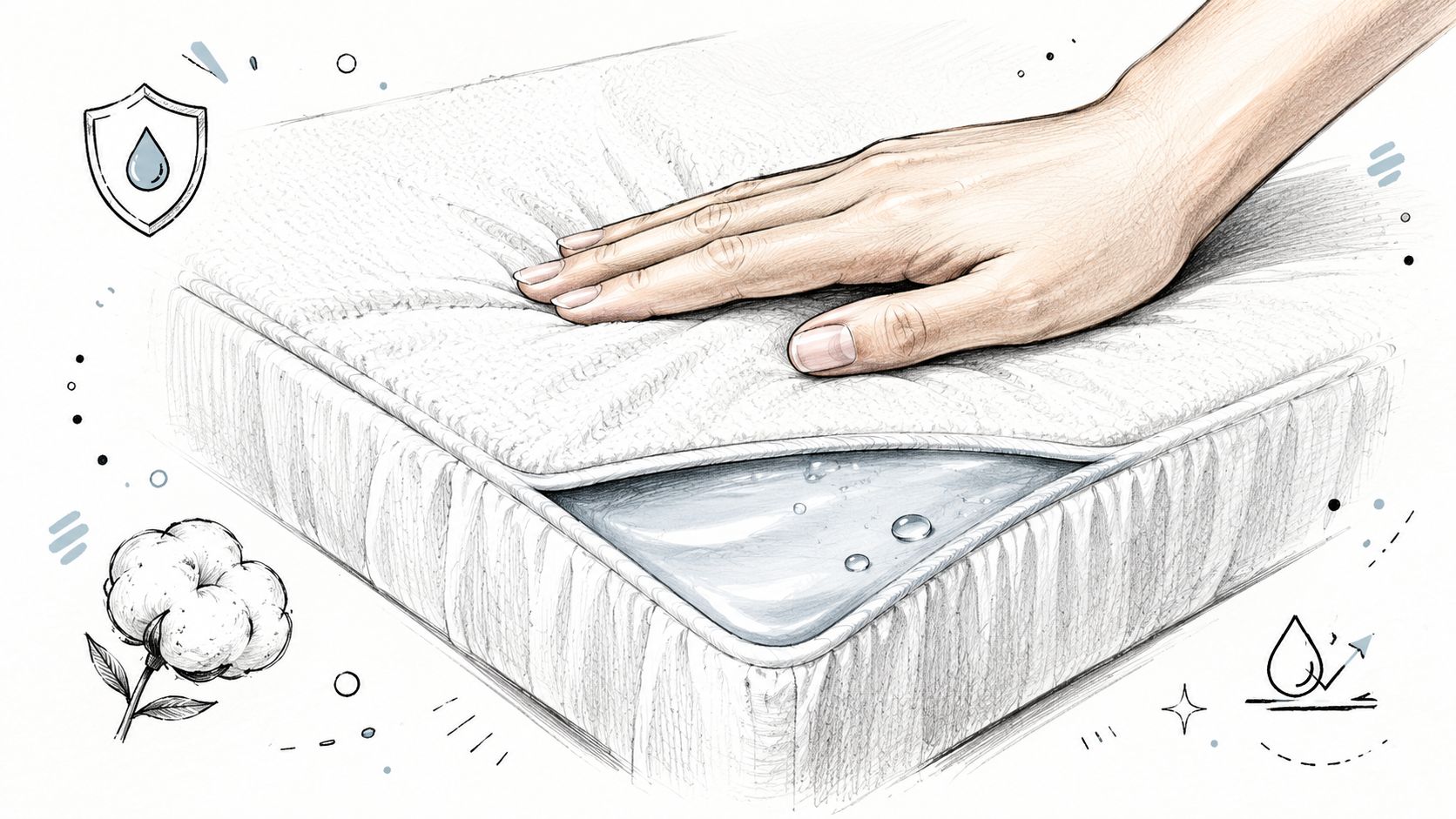 A hand pressing on a waterproof mattress protector that shows a cotton texture and liquid-repelling layer.