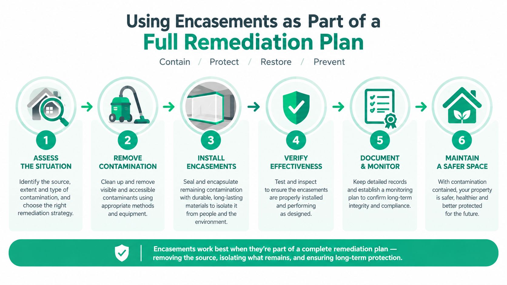 A six-step infographic explaining how to incorporate professional encasements into a comprehensive environmental remediation and cleanup plan.