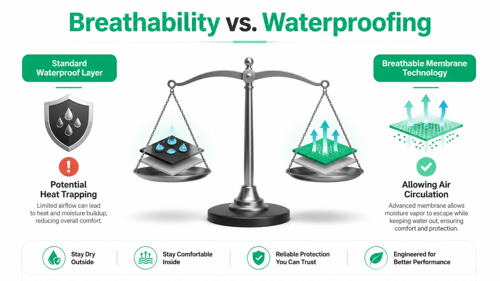 A balance scale comparing standard waterproof layers that trap heat against breathable membrane technology for mattress protectors.