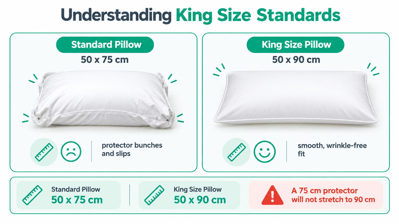 A comparison guide between a standard pillow and a king size pillow showing fit differences for protectors.