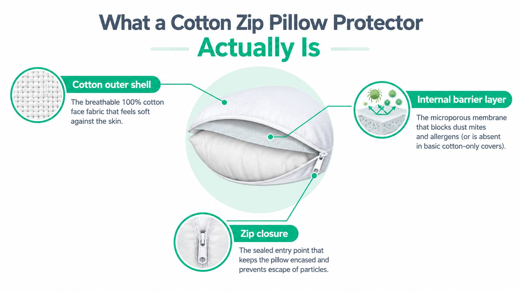An infographic showing the three main components of a cotton zip pillow protector with explanatory labels.