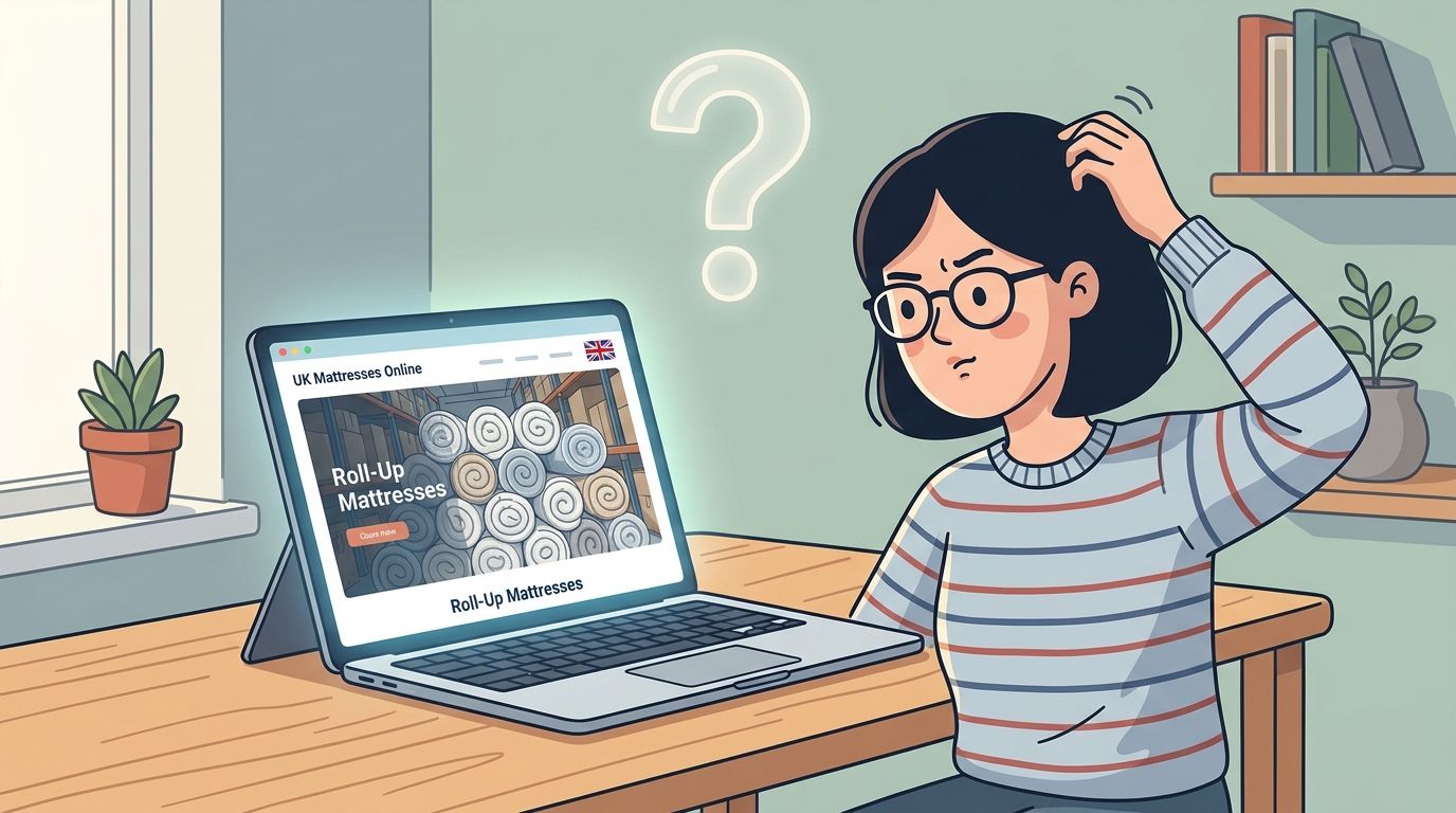 A confused young woman sitting at a desk looking at a UK Mattresses Online website on her laptop.