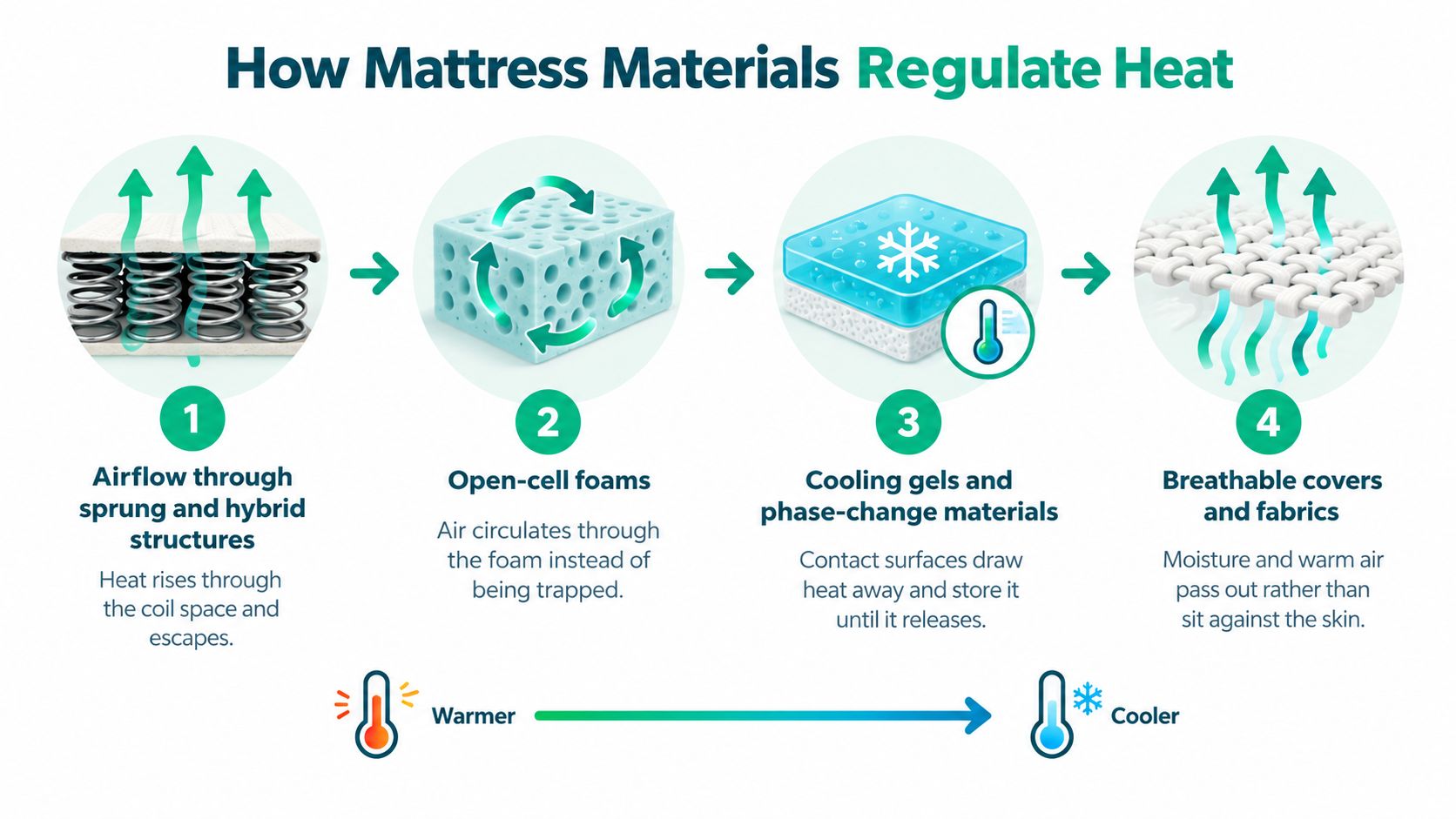 An infographic showing four different ways mattress materials regulate heat to keep sleepers cool at night.