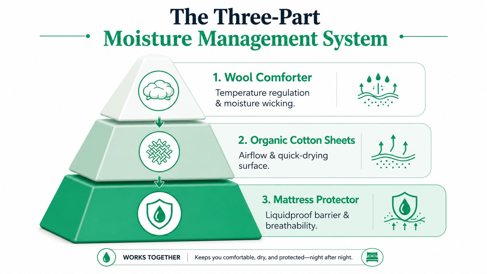 A diagram illustrating a three-part moisture management system for bedding, featuring a wool comforter, organic cotton sheets, and a mattress protector.
