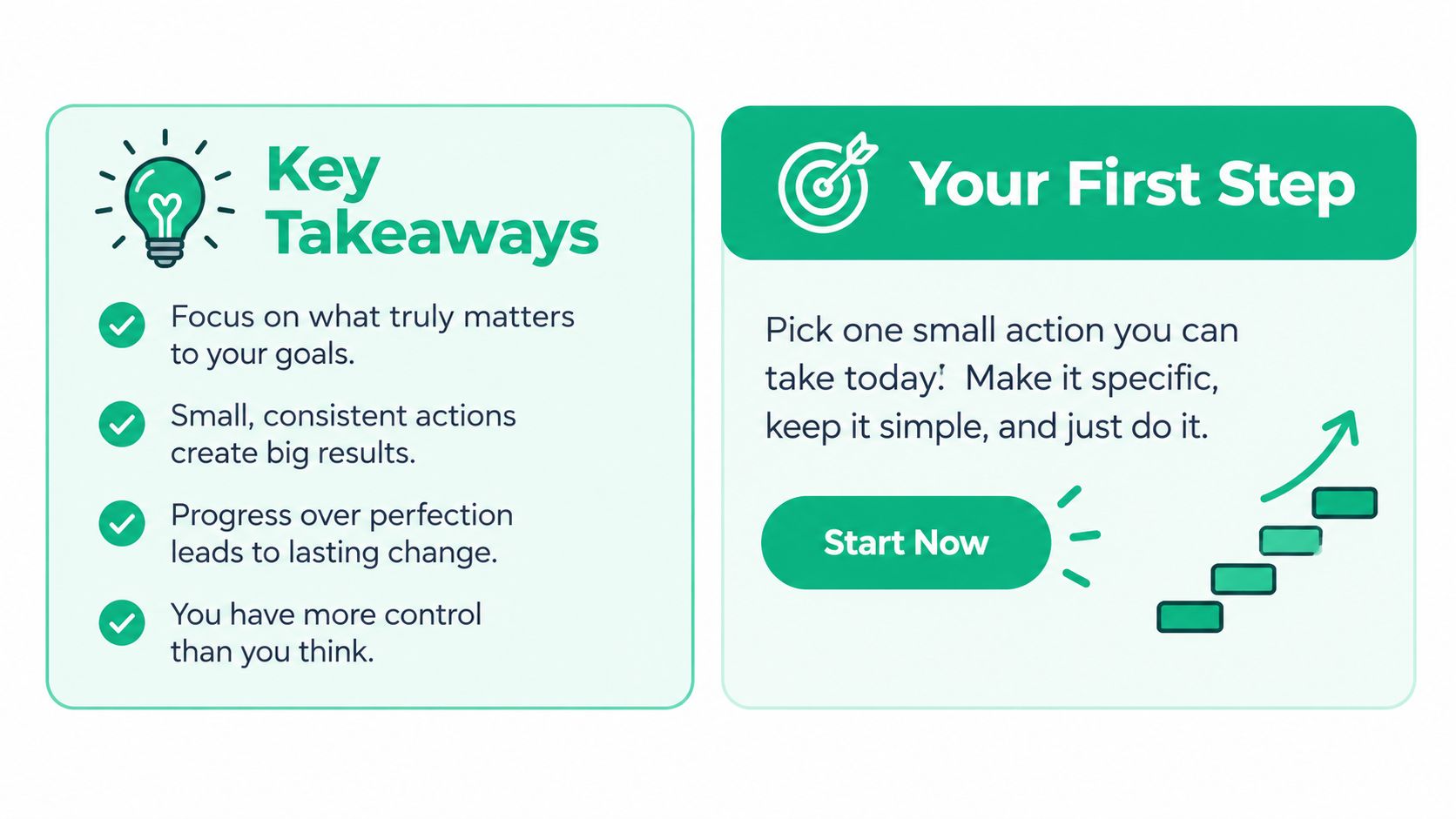 A graphic showing key takeaways and a first step guide for achieving goals with small actions.