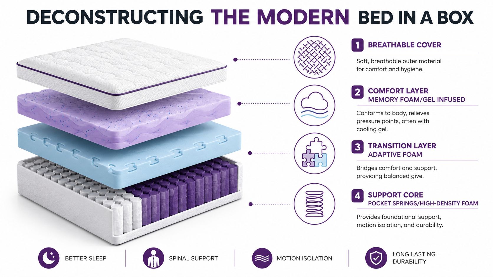 An infographic showing the four distinct layers of a modern bed in a box mattress construction.