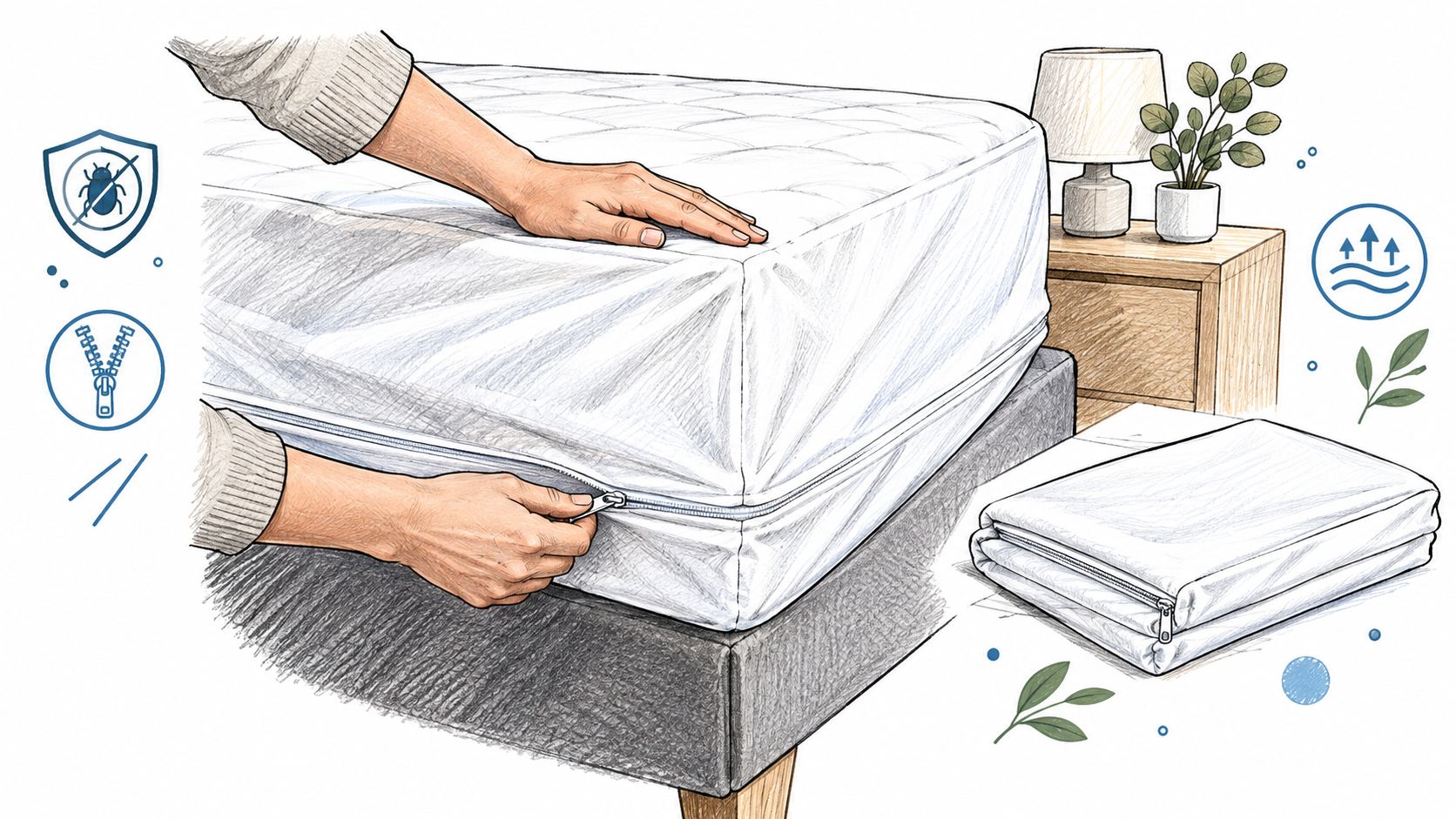 A person zipping a white full cover mattress protector onto a bed, illustrating its protective benefits.
