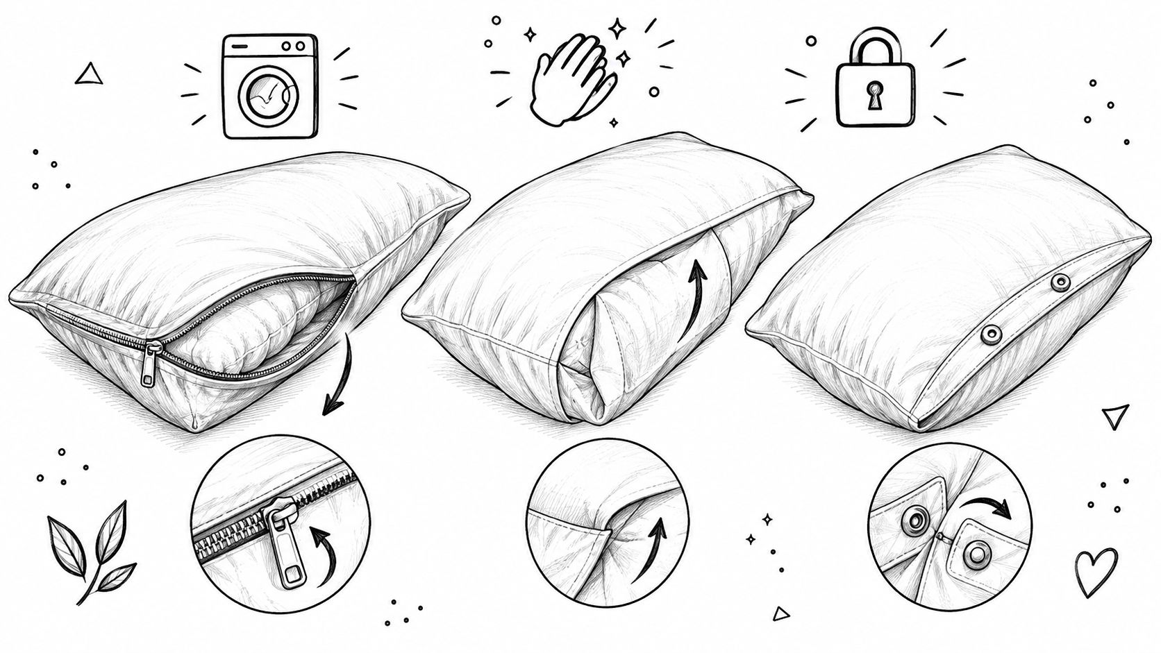 A line drawing illustration showing the three-step process of inserting and securing a pillow inside a protector.