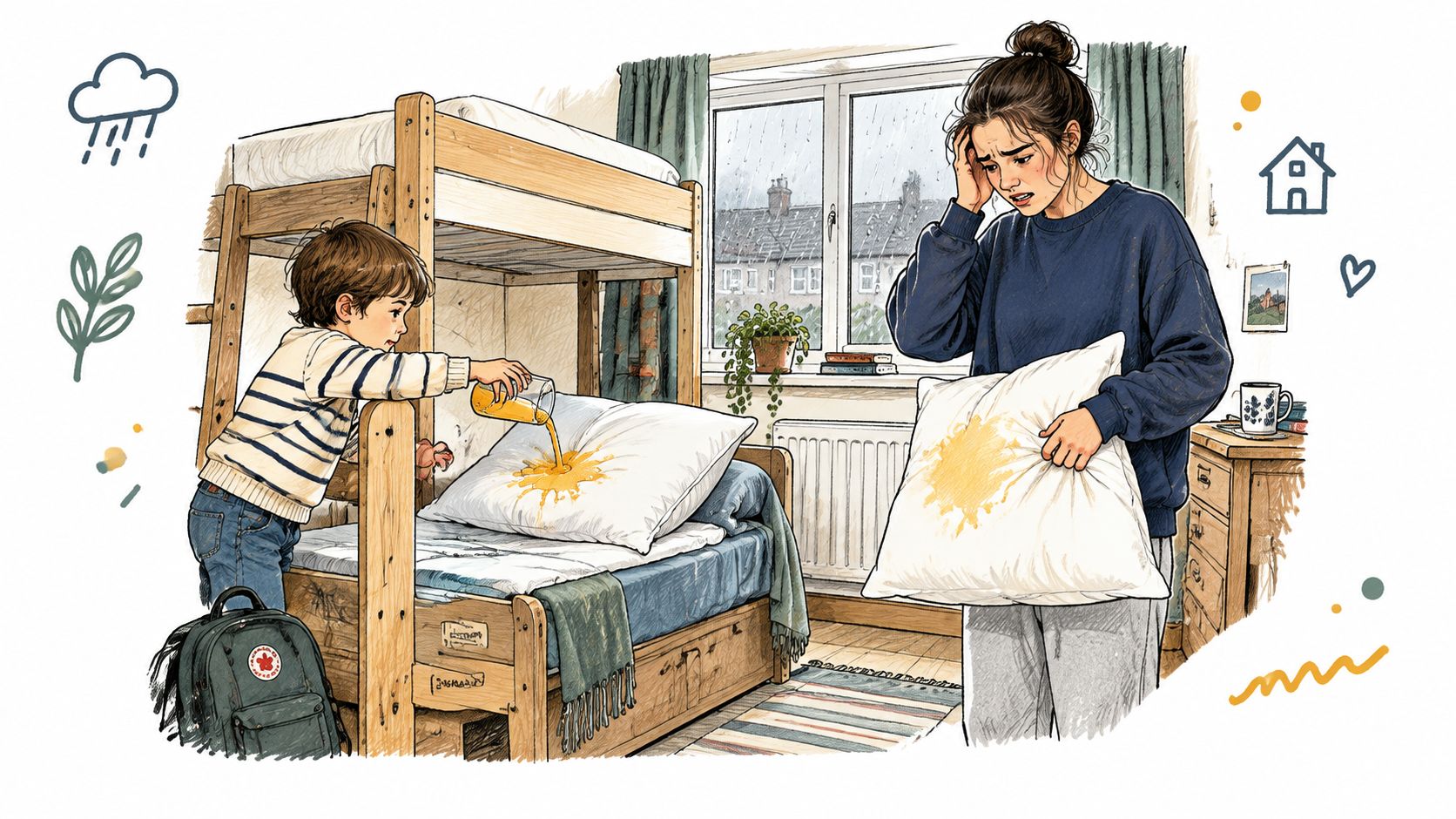 A young boy spills orange juice on a white pillow while his stressed mother looks on, indoors.