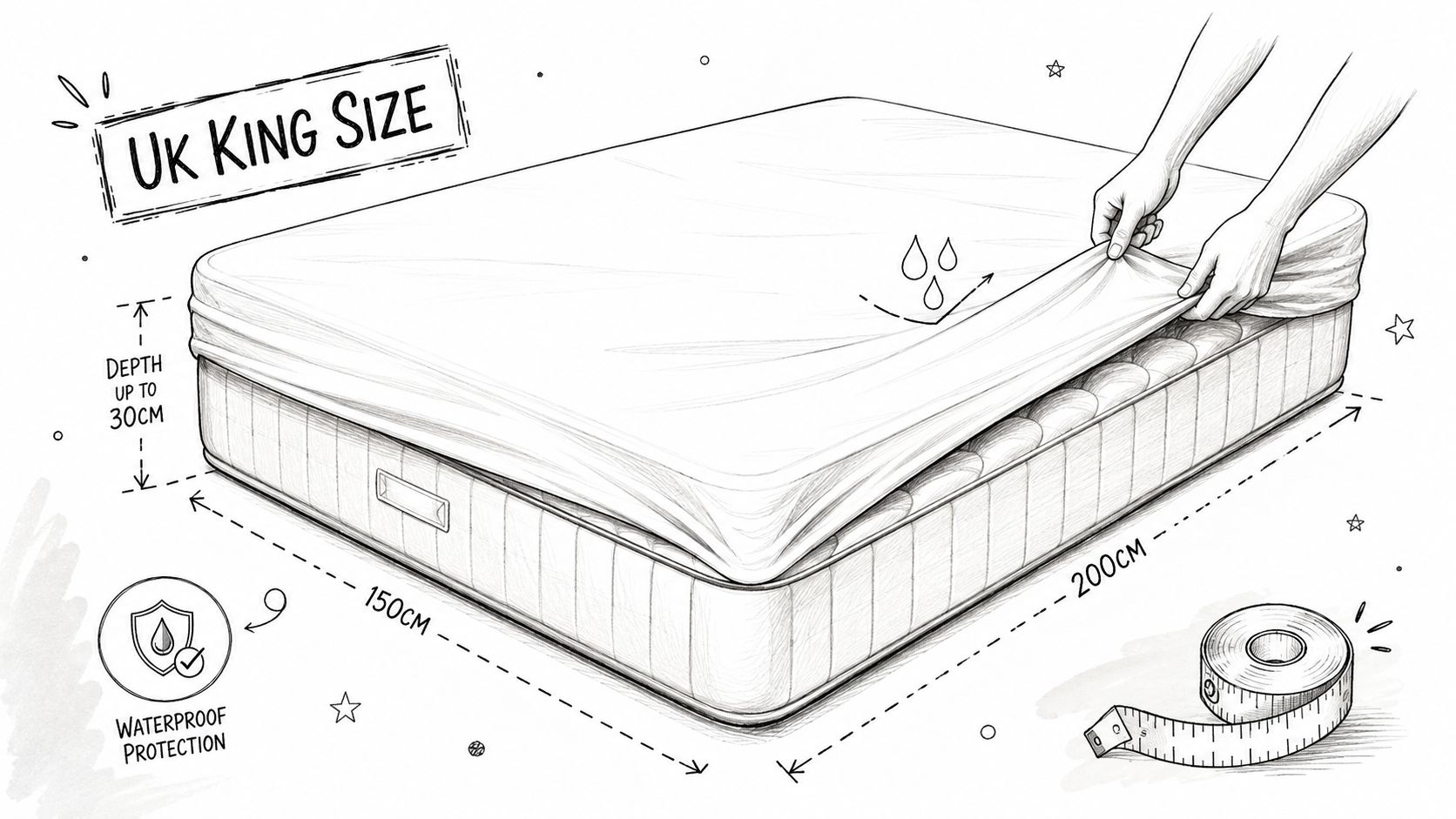 A hand placing a waterproof mattress protector onto a UK King size bed mattress measuring 150cm by 200cm.