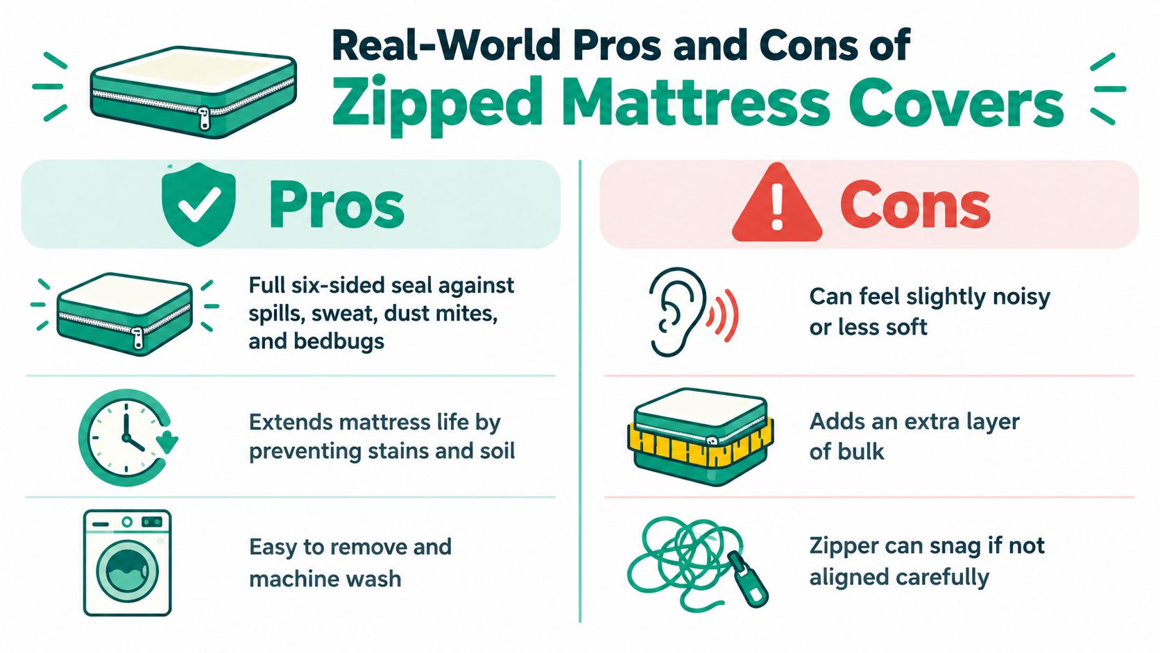 An infographic showing the pros and cons of using zipped mattress covers for bedding protection.