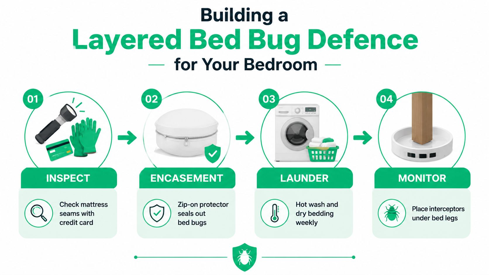 An infographic showing four steps to build a layered bed bug defence for your bedroom