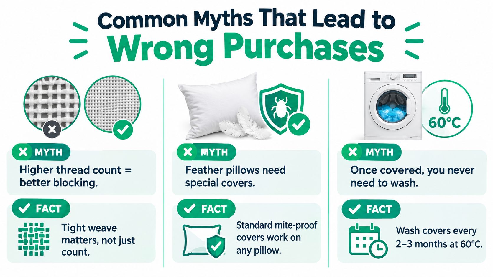 An infographic debunking common myths about dust mite covers, pillow care, and washing laundry at high temperatures.