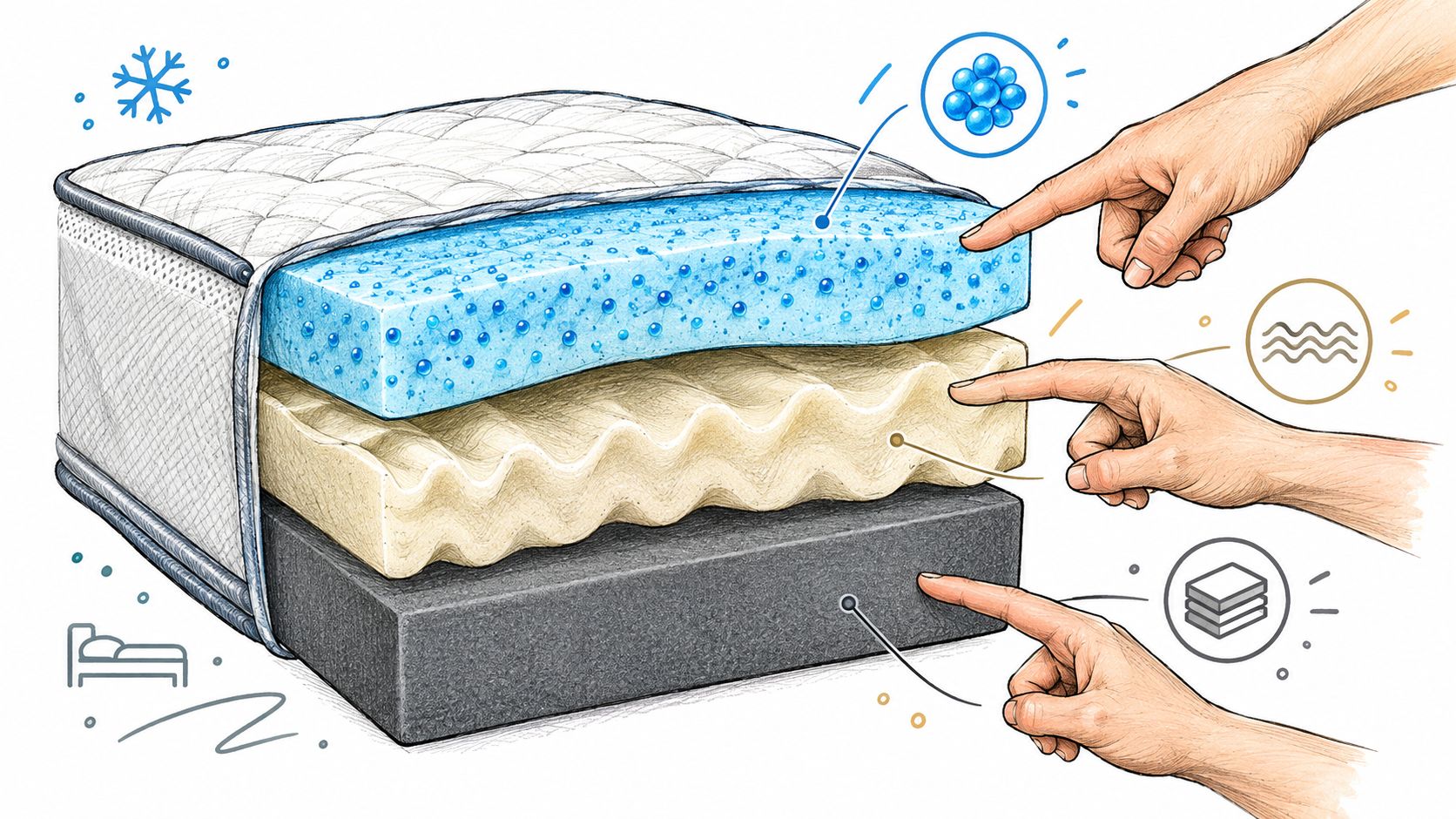 A cross-section diagram showing three layers of a foam mattress being pointed at by a hand.