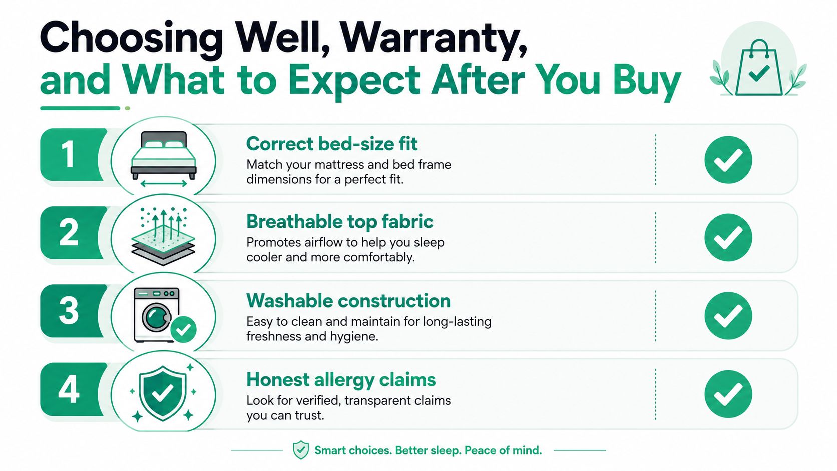 An infographic detailing essential features to look for when choosing a mattress protector for your bed.