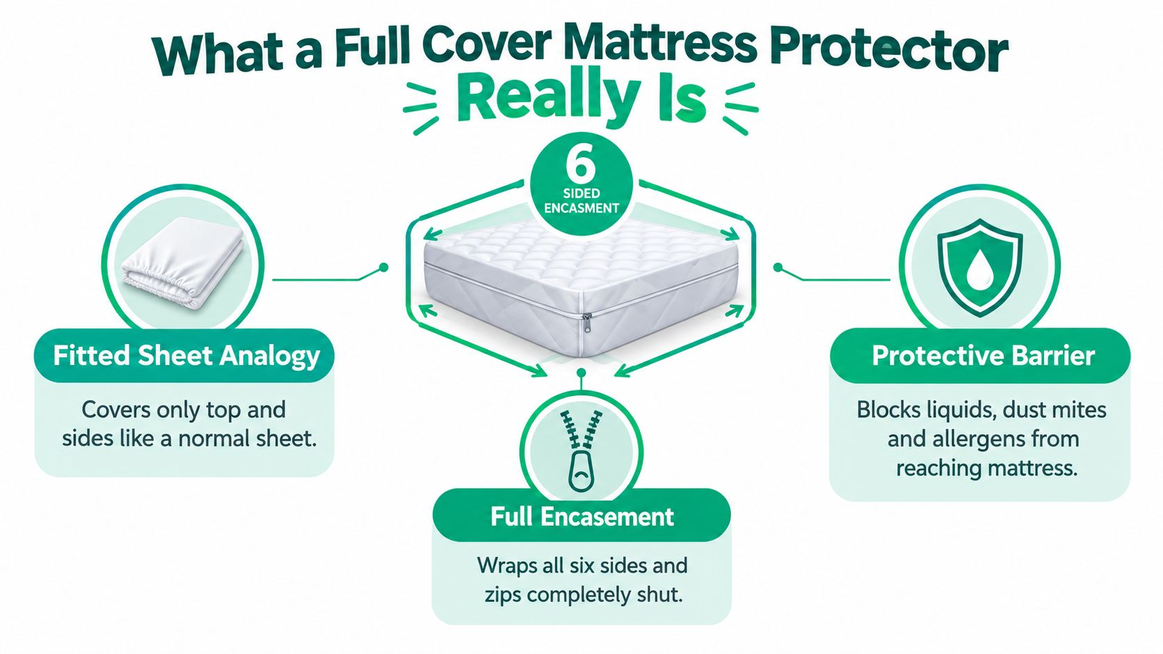 An infographic explaining the benefits and features of a six-sided full cover mattress protector encasement.