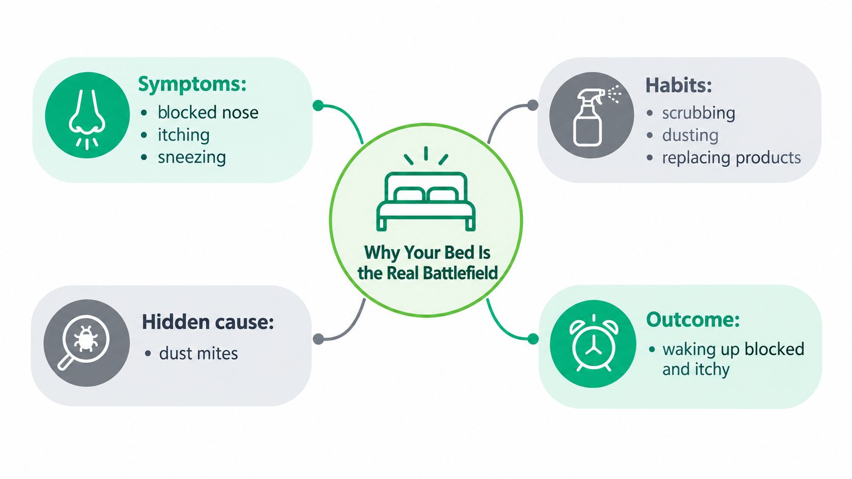 An infographic titled Why Your Bed Is The Real Battlefield showing symptoms, causes, habits, and outcomes of dust mites.