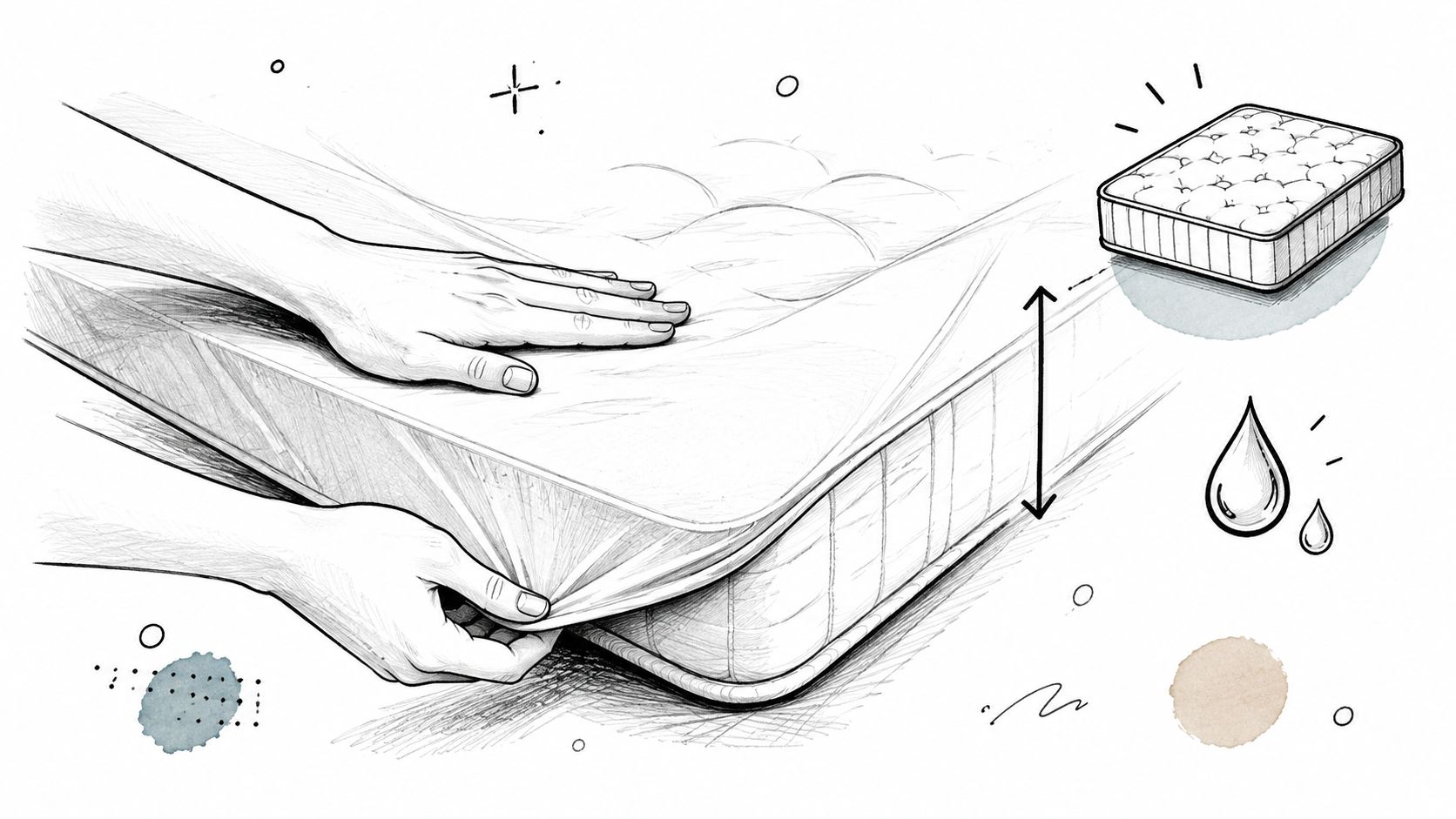 Hands fitting an extra deep waterproof mattress protector over a thick bed mattress in a bedroom setting.