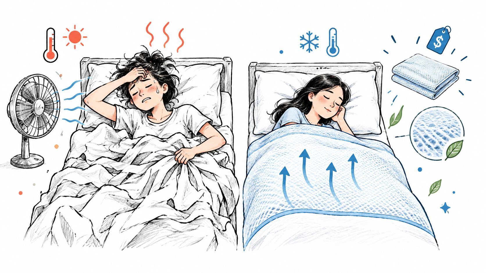 Comparison of a person feeling hot in bed versus another sleeping comfortably with cooling bedding technology.
