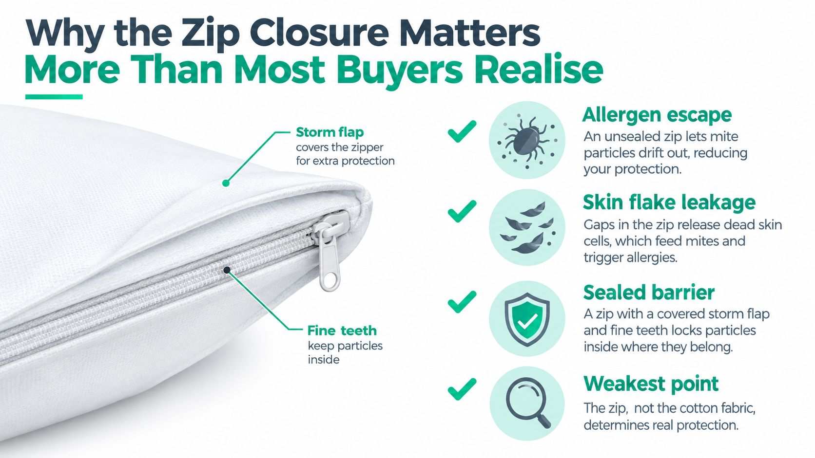A diagram of a pillow protector highlighting the importance of the zip closure and storm flap design.