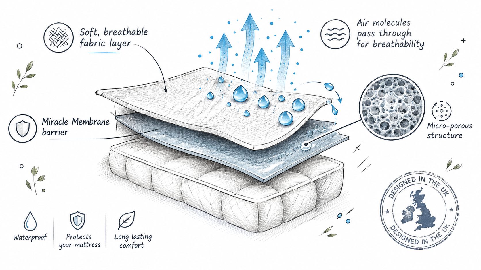 A detailed diagram illustrating the multi-layered technology of a waterproof mattress protector with breathable fabric.