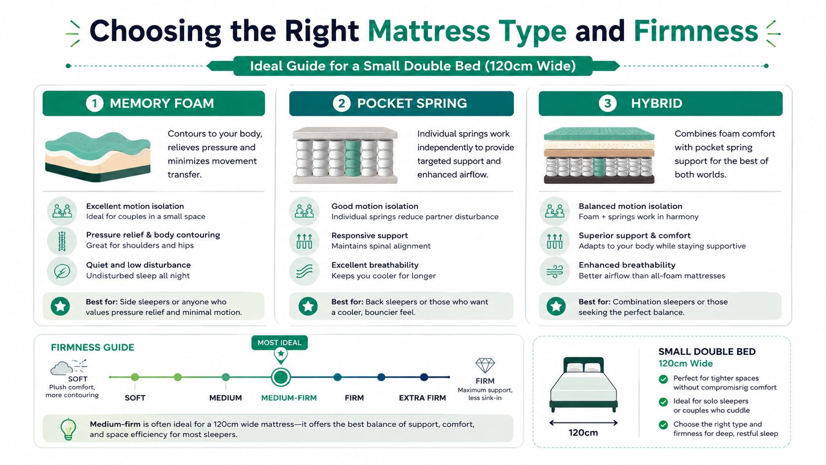 An infographic guide explaining how to choose the right mattress type and firmness for a small double bed.