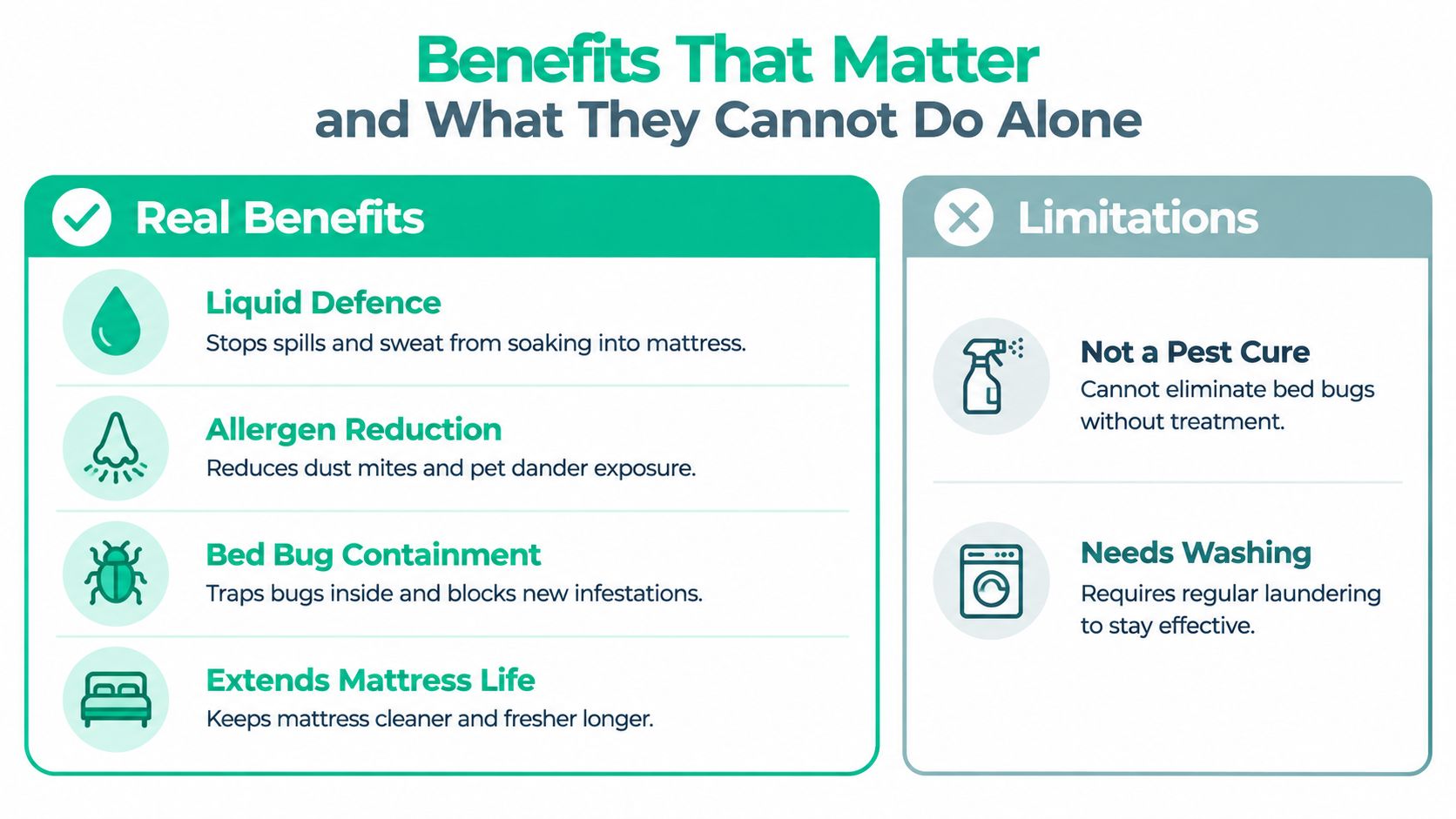 An infographic comparing the benefits and limitations of a mattress protector for effective bed hygiene.