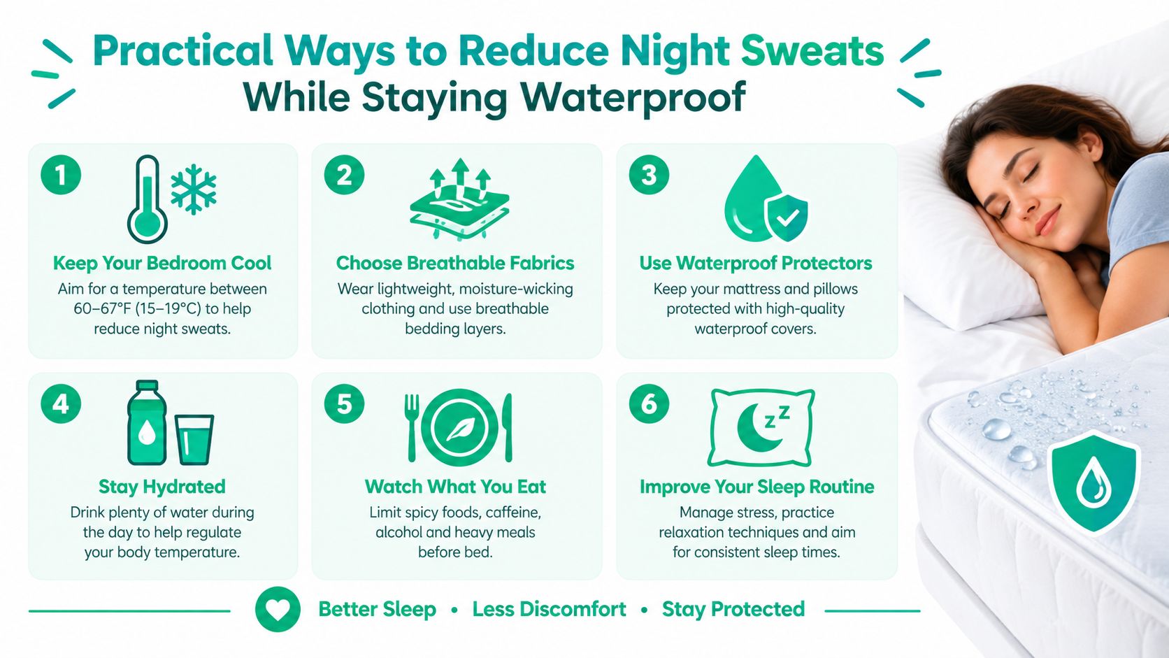 A woman sleeping comfortably on a mattress protected by a waterproof cover to prevent night sweats.