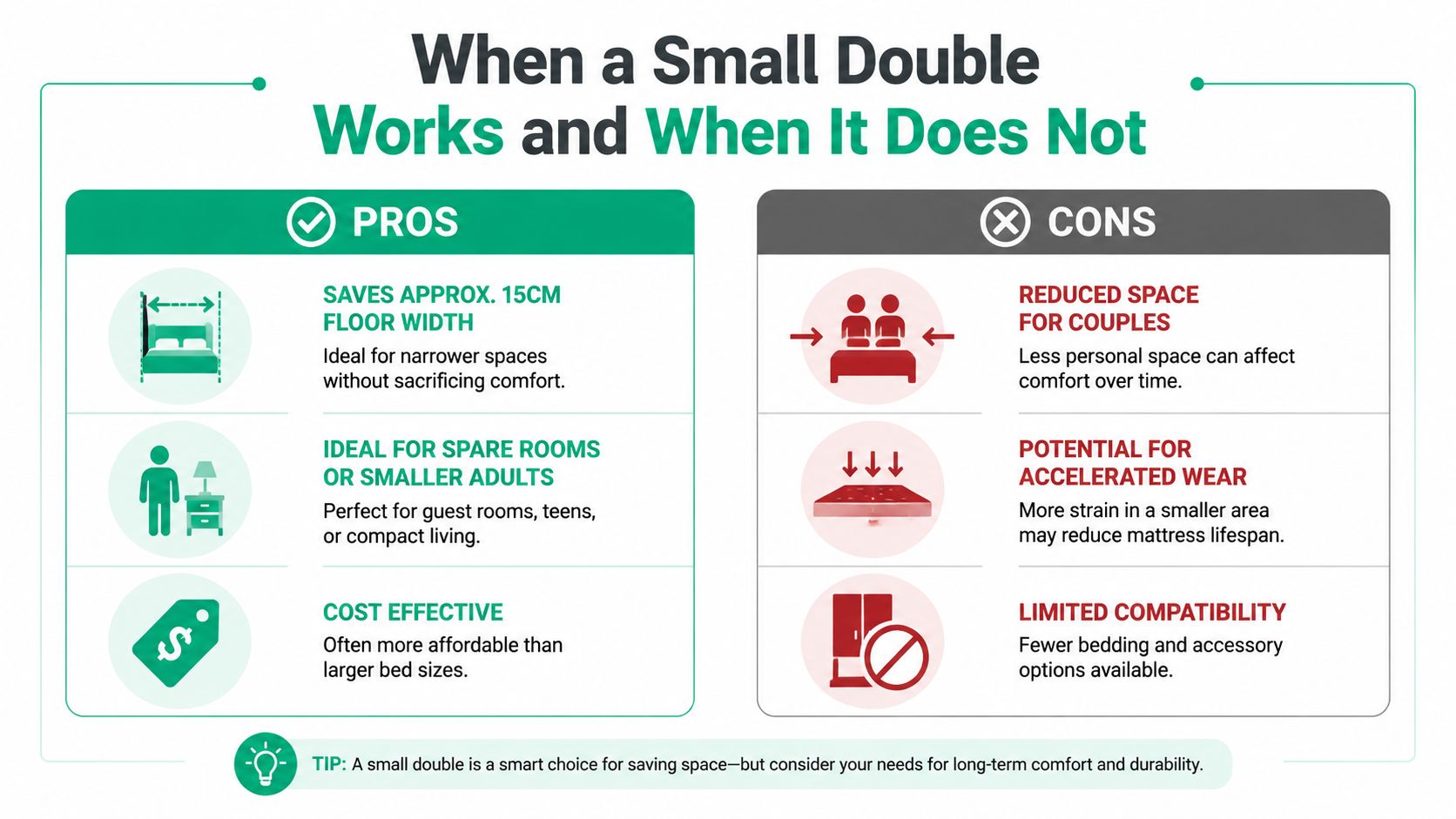 An infographic comparing the pros and cons of choosing a small double bed mattress for a bedroom.