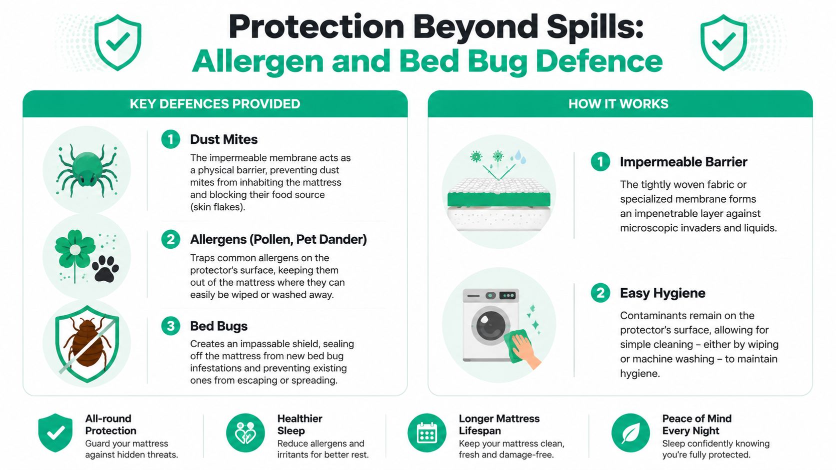 An infographic showing the benefits of a waterproof mattress protector against dust mites, allergens, and bed bugs.