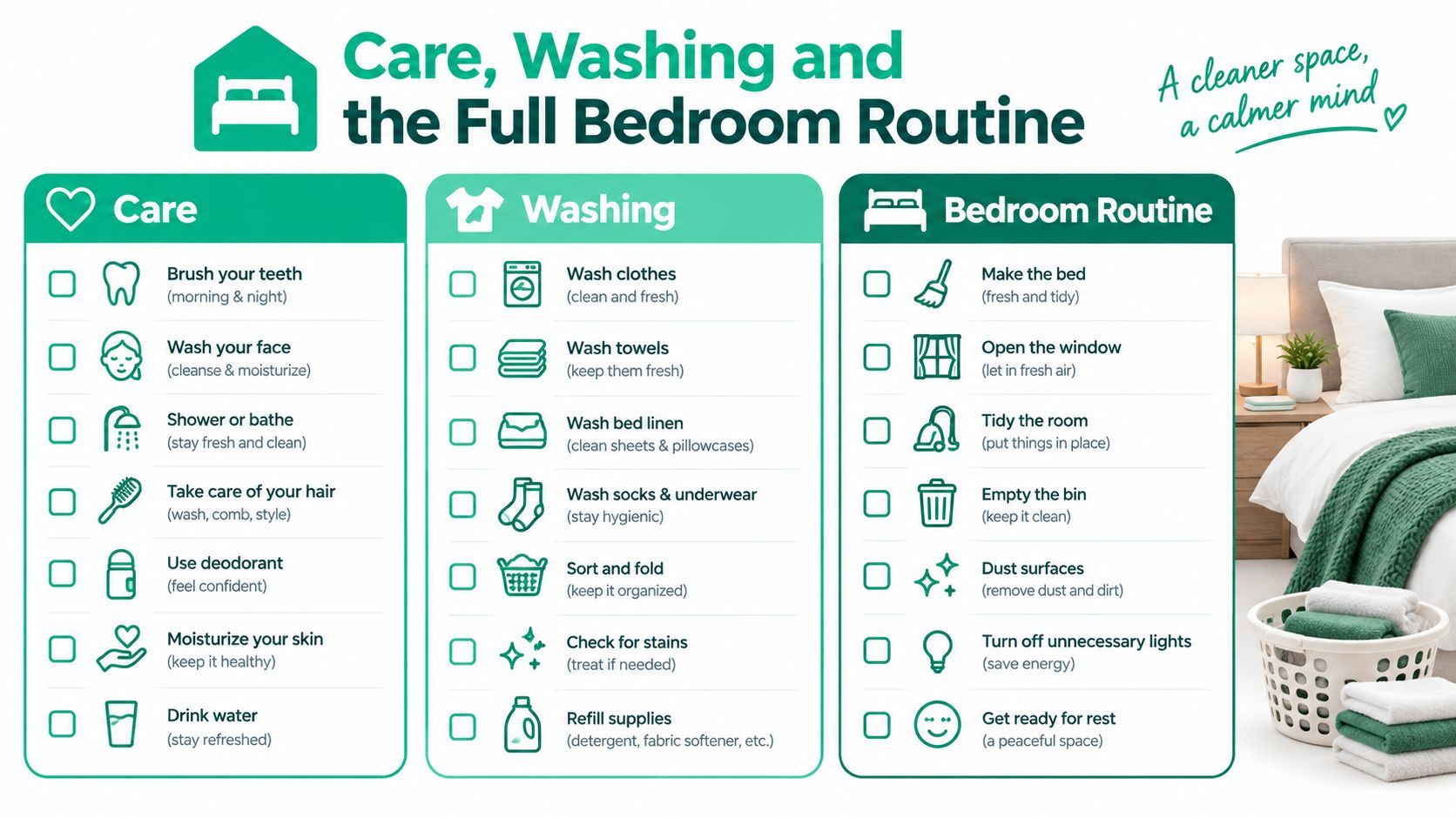 A checklist infographic titled Care, Washing and the Full Bedroom Routine featuring hygiene and tidying tasks.