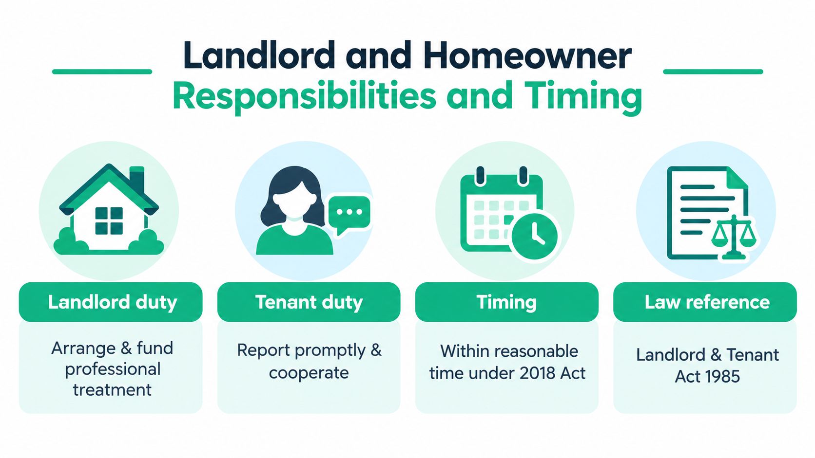 An infographic illustrating landlord and tenant responsibilities, timing, and legal references for professional bed bug treatment.