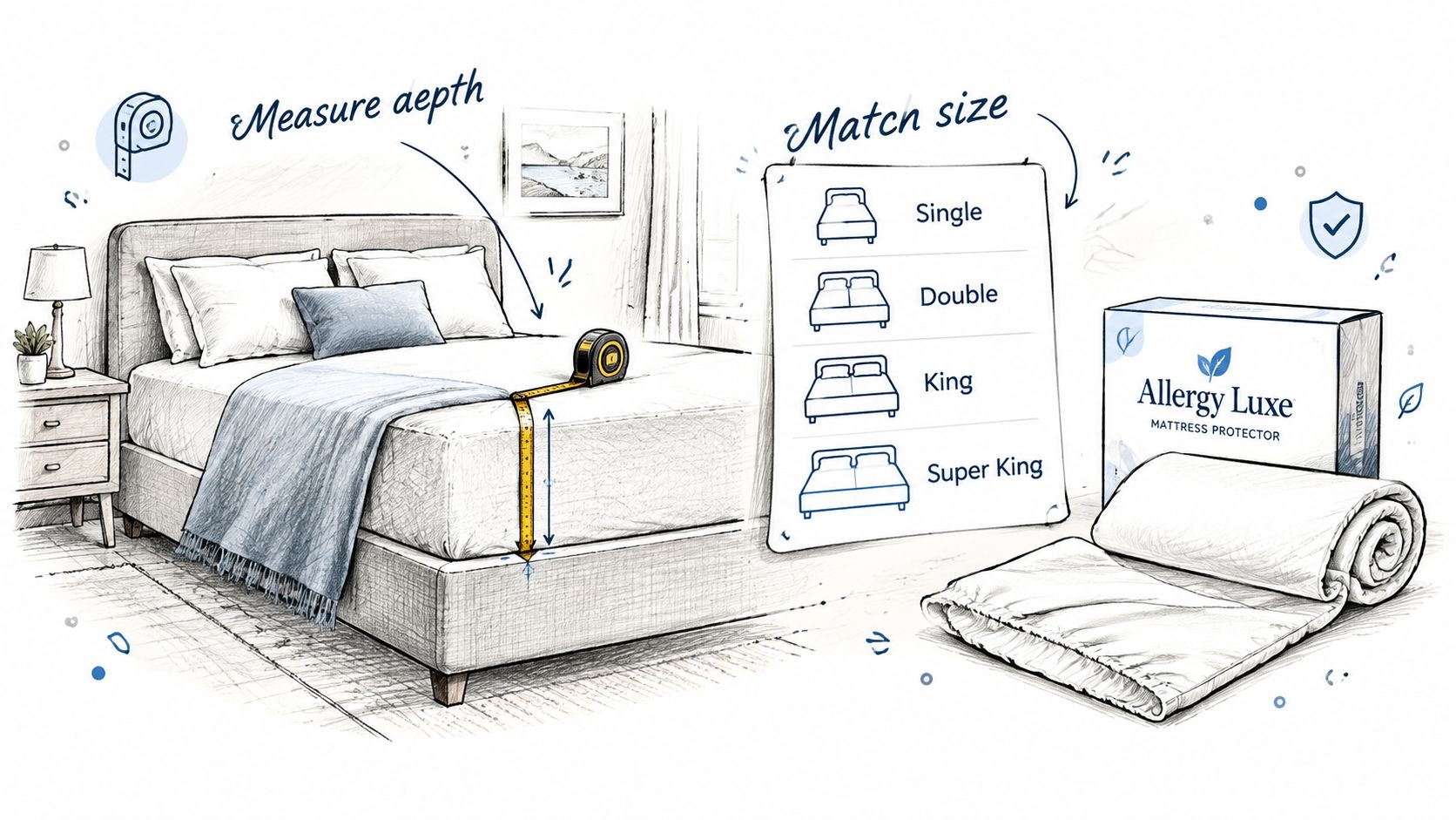 A line-art style illustration showing how to measure mattress depth for an Allergy Luxe mattress protector.