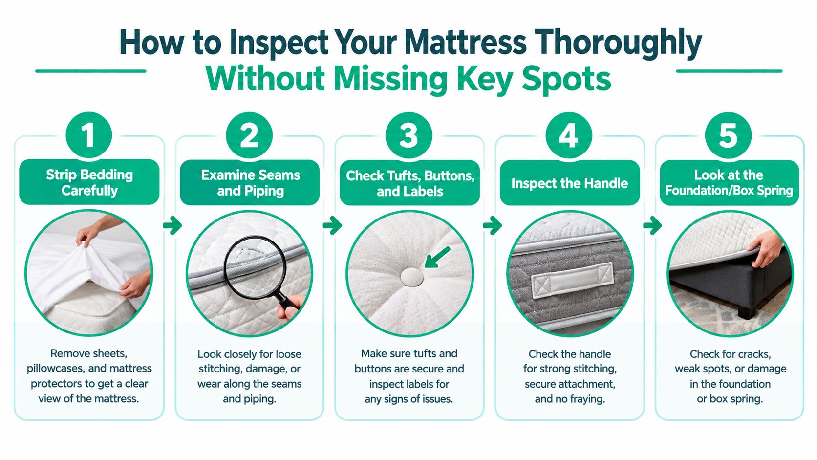 A five-step guide illustration showing how to thoroughly inspect a mattress by checking seams, handles, and foundation.