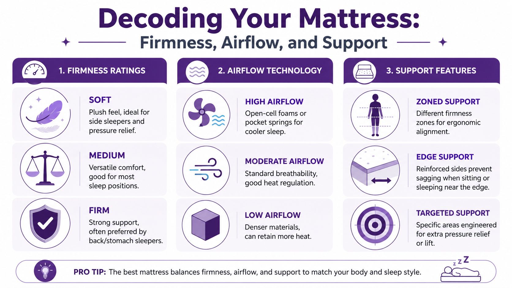An infographic titled Decoding Your Mattress explaining different firmness ratings, airflow technology, and support features for sleep.