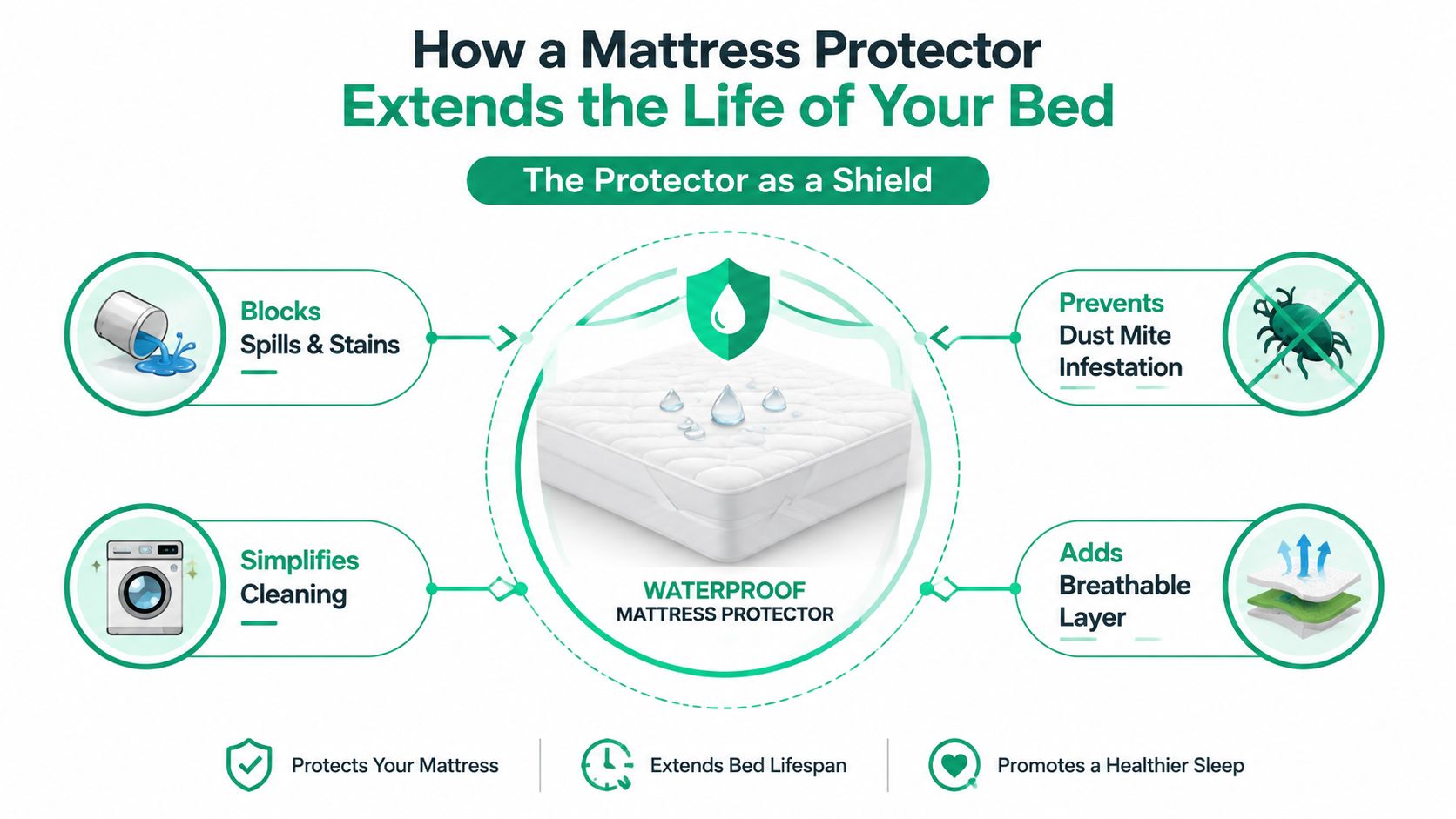 An infographic illustrating four key benefits of using a waterproof mattress protector to extend bed lifespan.