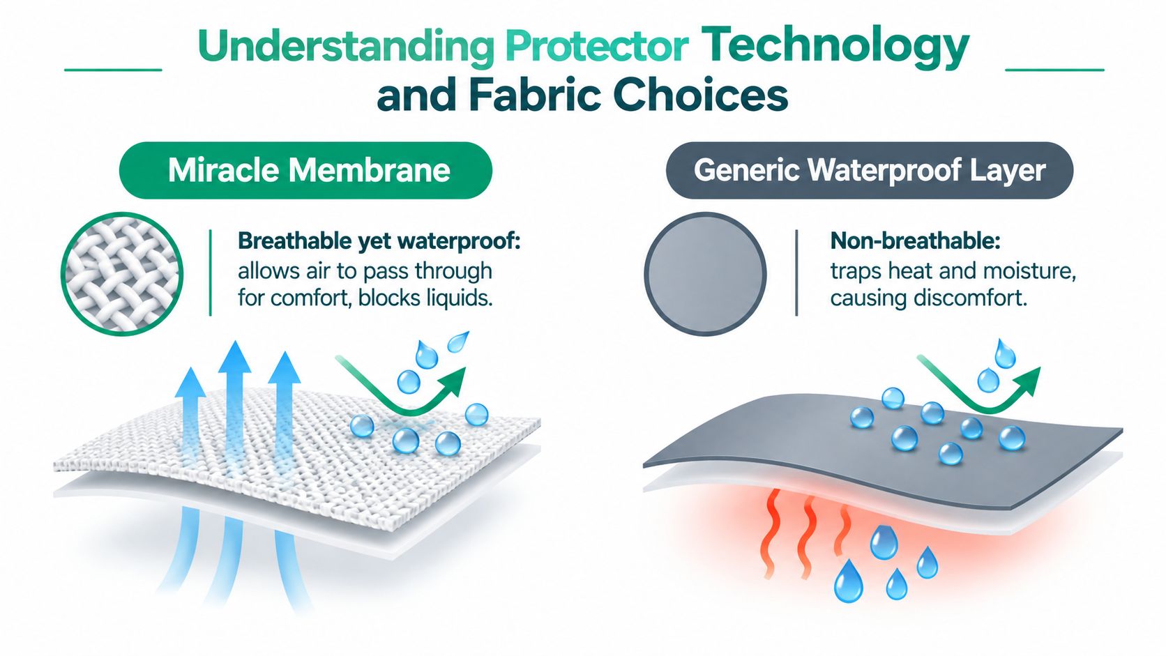 A comparative illustration showing the breathable Miracle Membrane versus a non-breathable generic waterproof mattress protector material.