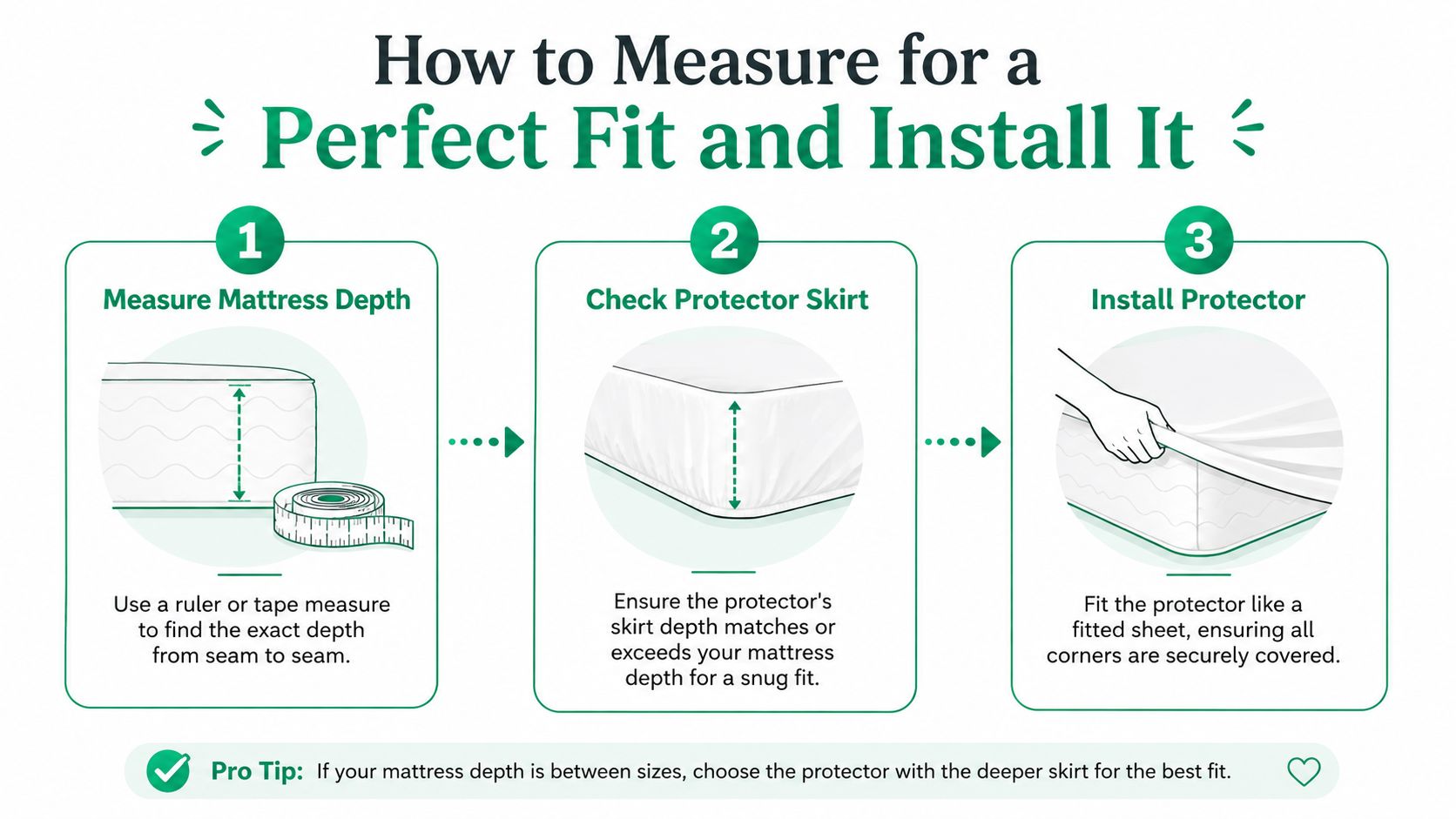 A step-by-step infographic showing how to measure mattress depth and install a fitted mattress protector correctly.