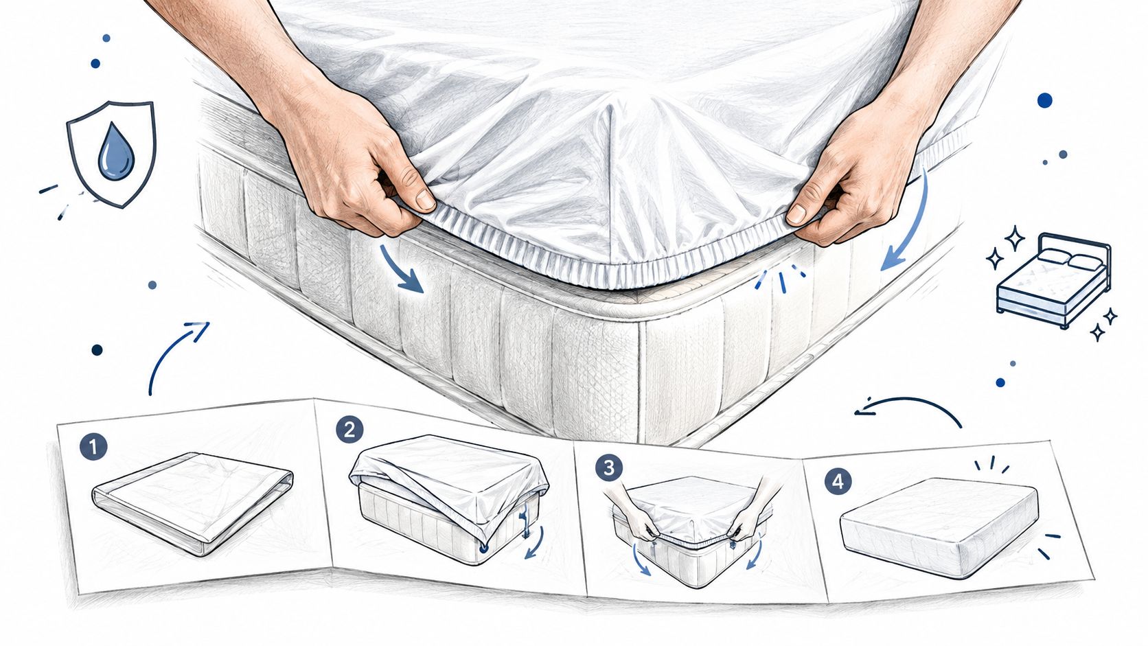 An illustrative guide showing how to place a white waterproof mattress protector on a large bed.