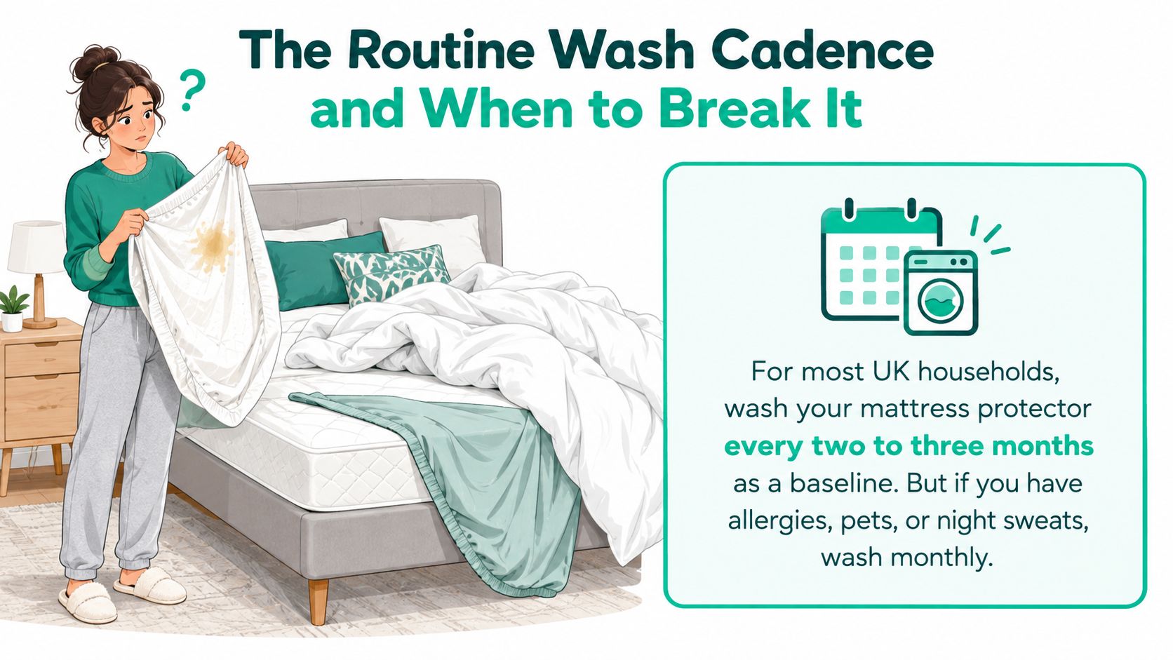 A woman looks concerned at a stained mattress protector, accompanied by guidance on washing frequency.